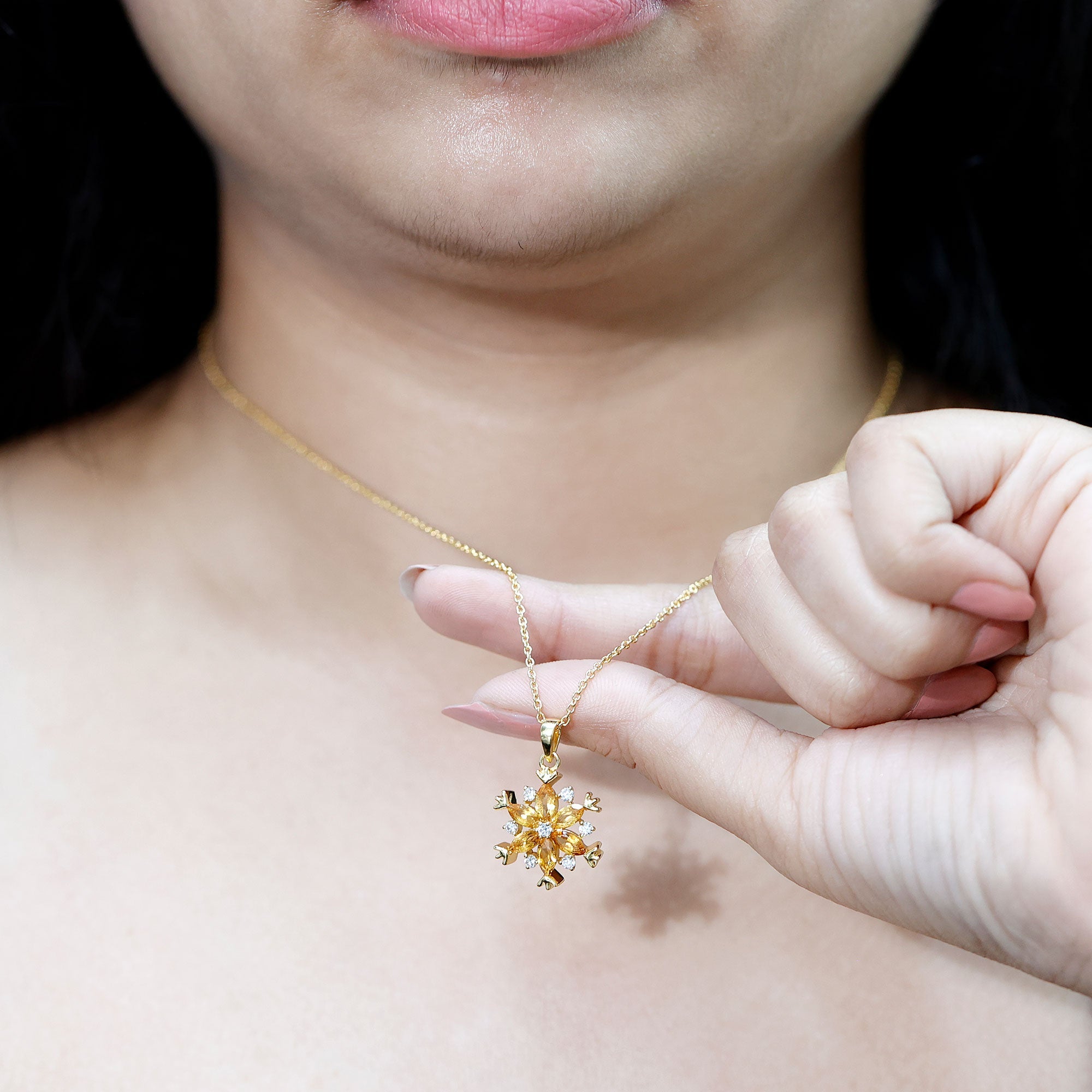 Certified Citrine Flower Pendant Necklace with Silver Chain