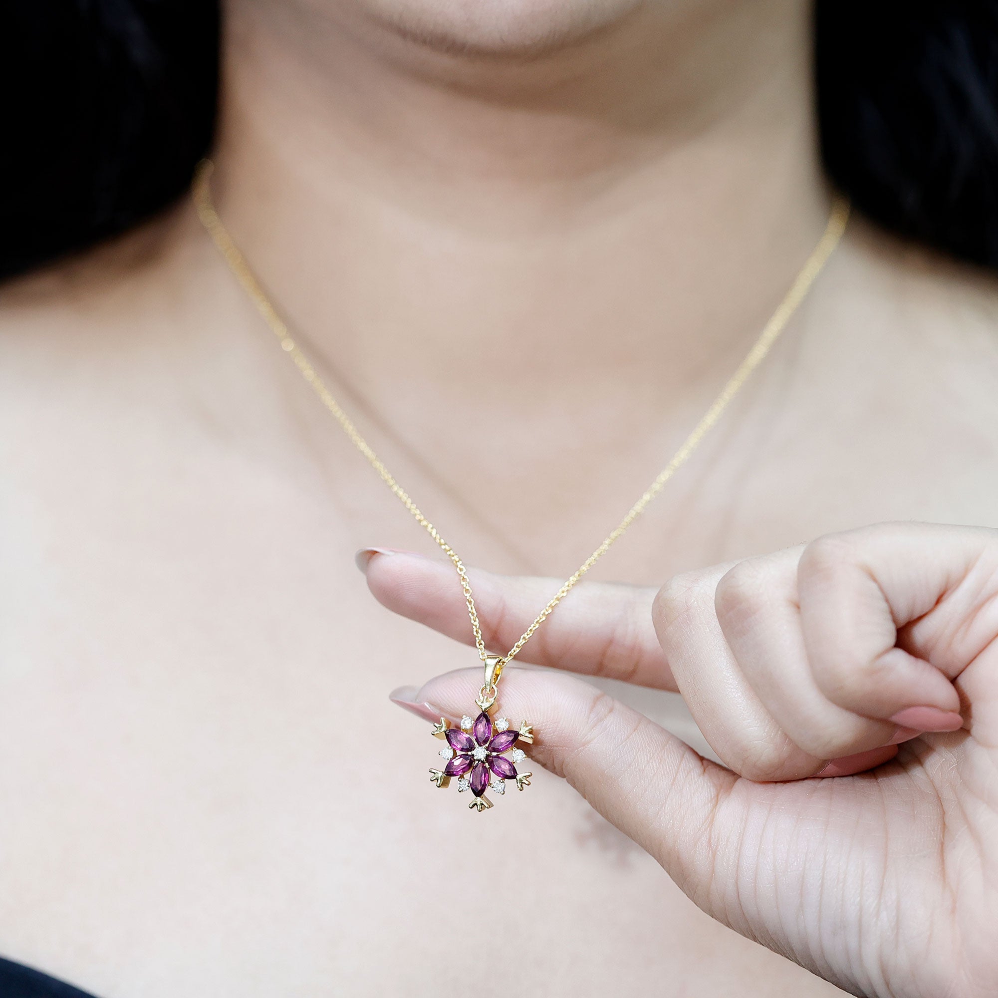 Rhodolite Garnet Flower Necklace in Gold Plated Silver