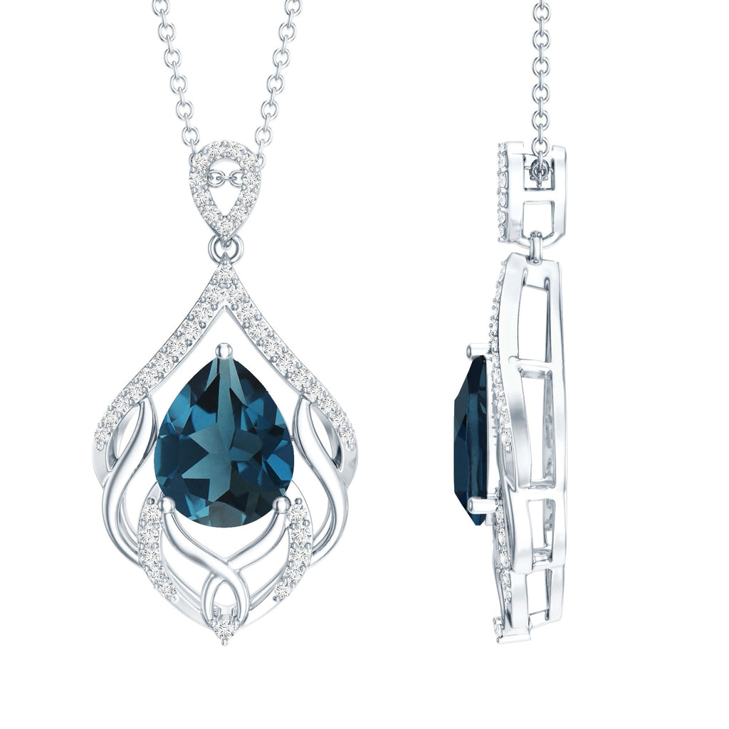 Real 2.2 Carat London Blue Topaz and Diamond Teardrop Necklace with Silver Chain