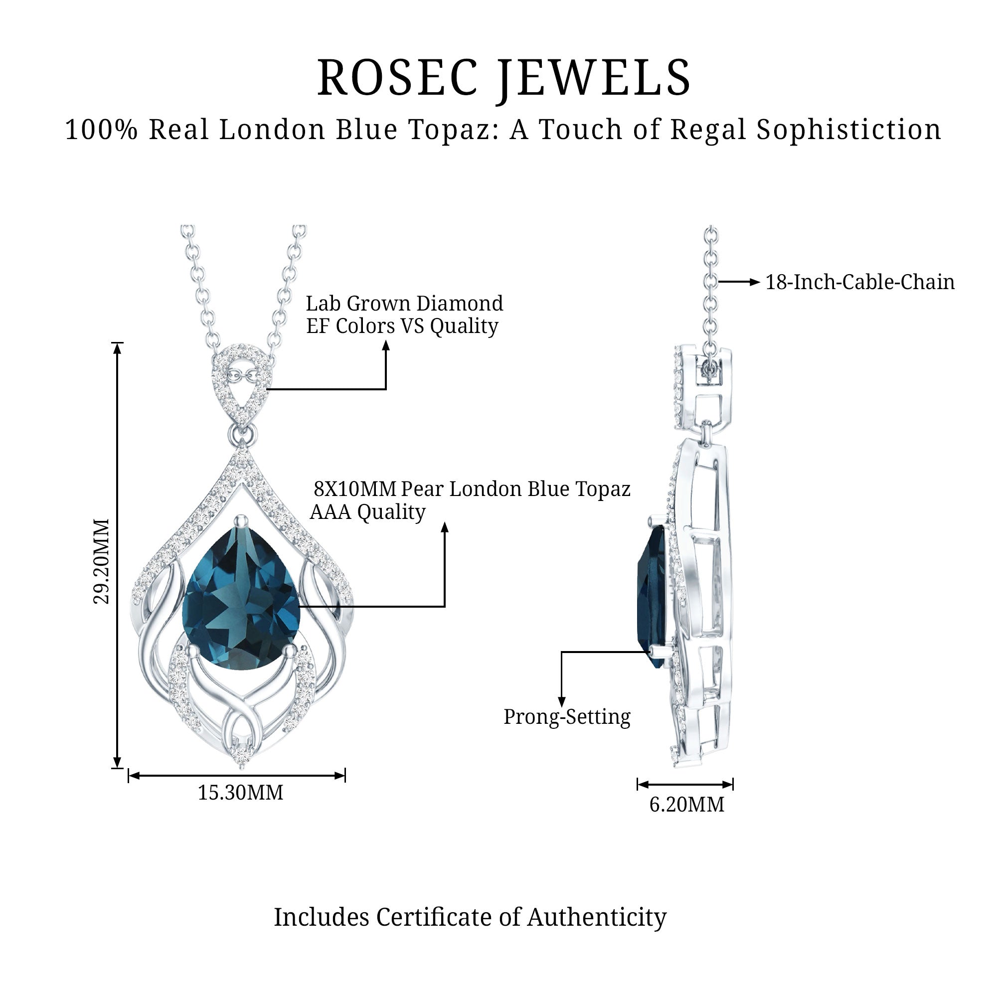 Real 2.2 Carat London Blue Topaz and Diamond Teardrop Necklace with Silver Chain