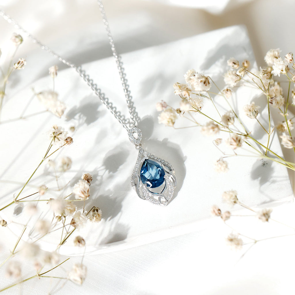 Real 2.2 Carat London Blue Topaz and Diamond Teardrop Necklace with Silver Chain