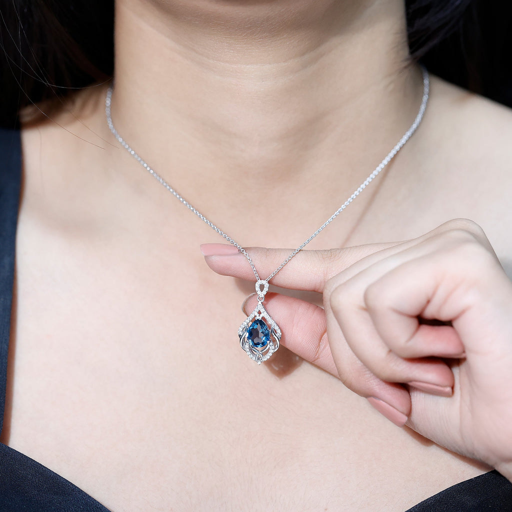 Real 2.2 Carat London Blue Topaz and Diamond Teardrop Necklace with Silver Chain