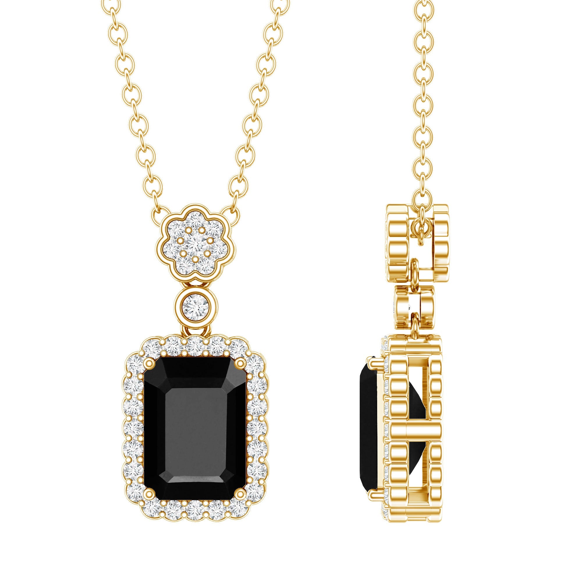 Vintage Style 1 Carat Emerald Cut Black Spinel Statement Necklace with Diamond Halo