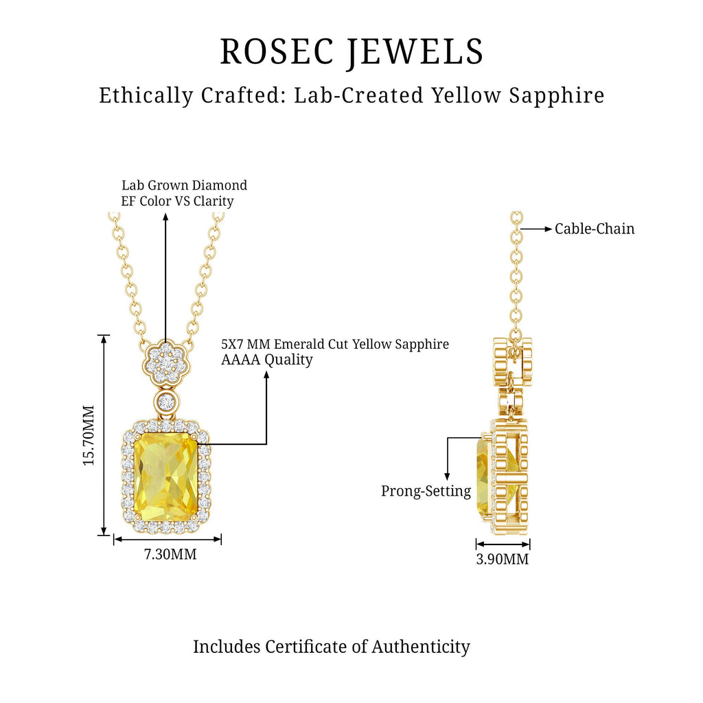Vintage Inspired 1 Carat Lab Created Yellow Sapphire Necklace with Diamond Halo