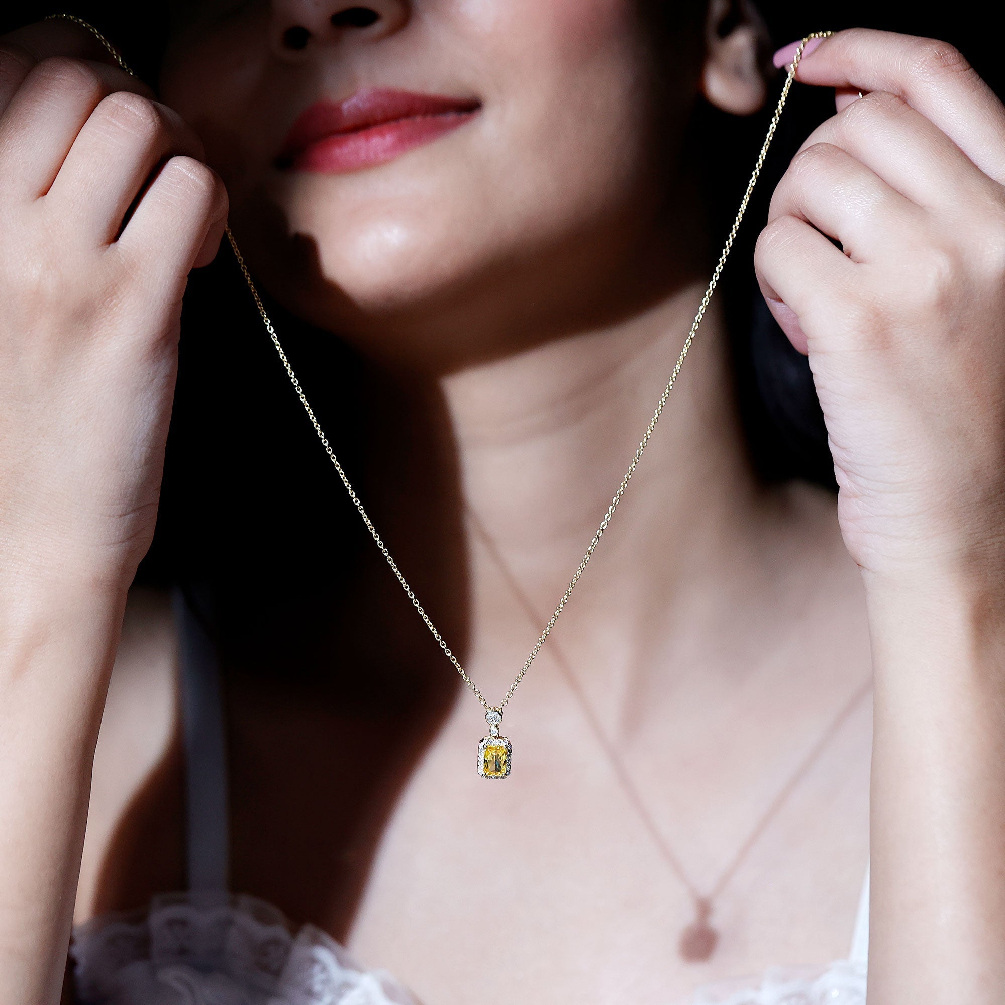 Vintage Inspired 1 Carat Lab Created Yellow Sapphire Necklace with Diamond Halo