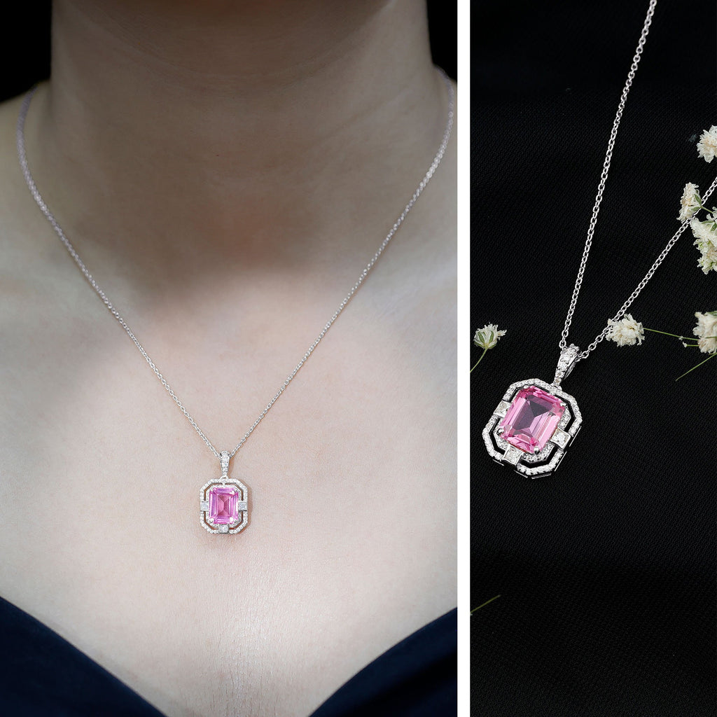 Certified 2.3 Carat Emerald Cut Lab Grown Pink Sapphire Diamond Vintage Necklace