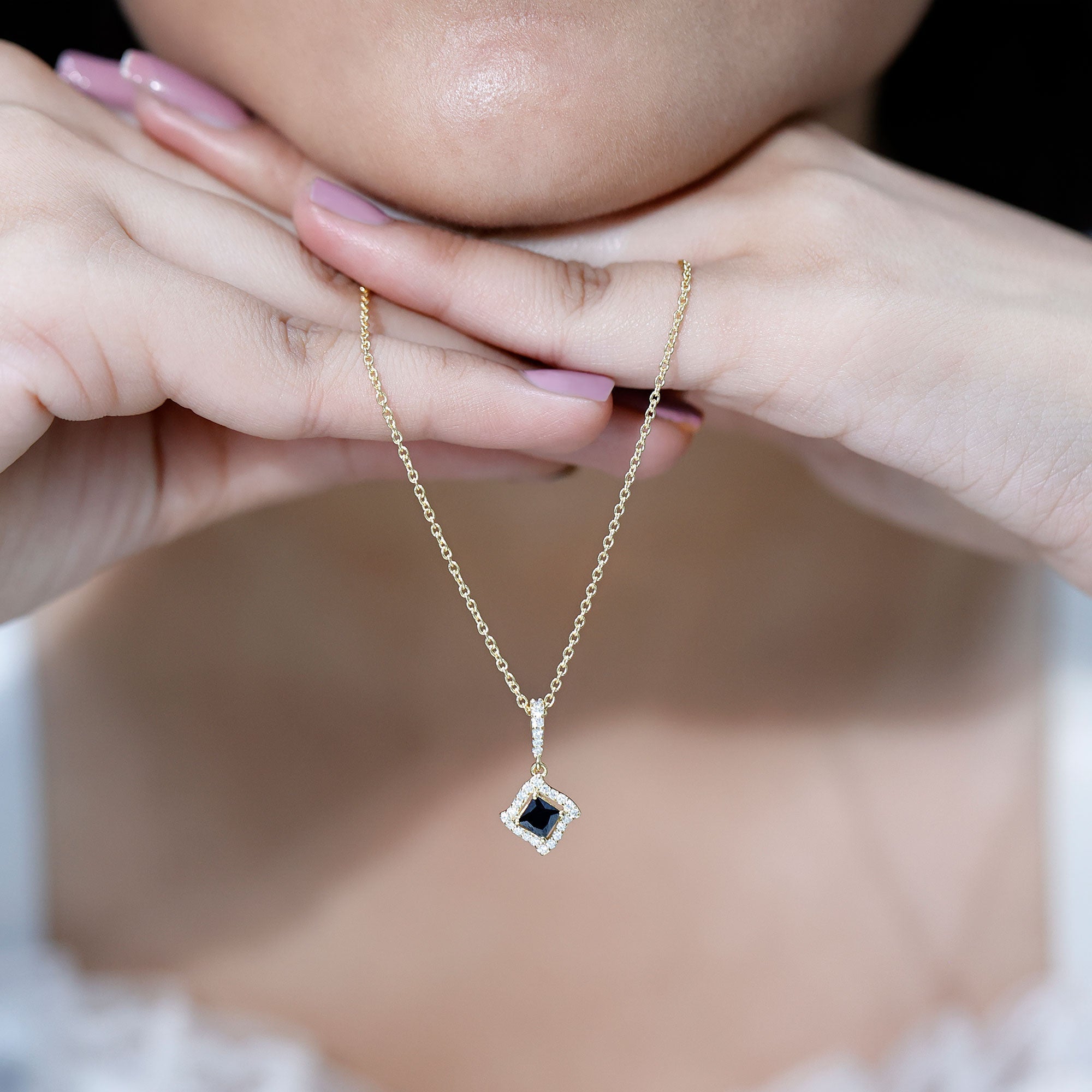 Sterling Silver Black Spinel Necklace with Diamond Halo