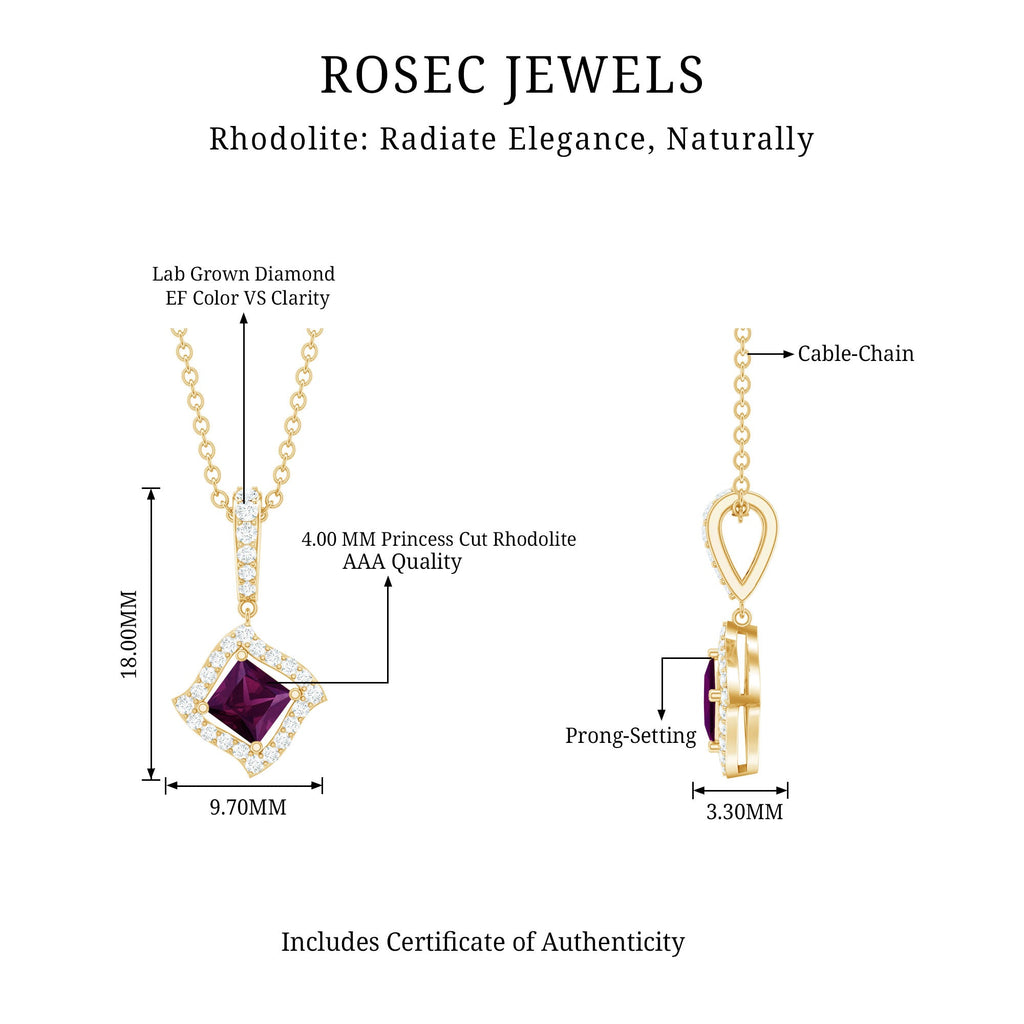 Princess Cut Rhodolite and Diamond Halo Pendant Necklace