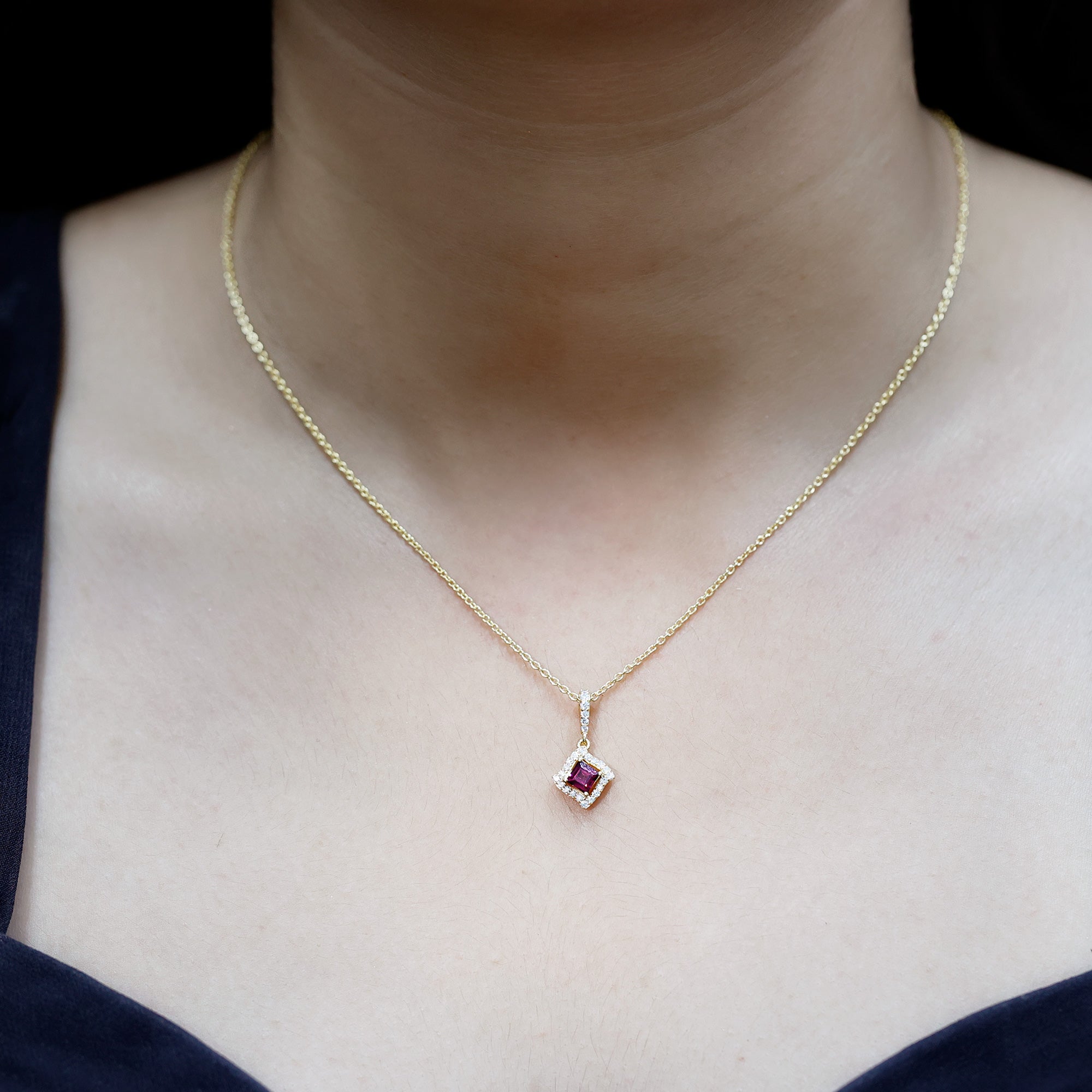 Princess Cut Rhodolite and Diamond Halo Pendant Necklace