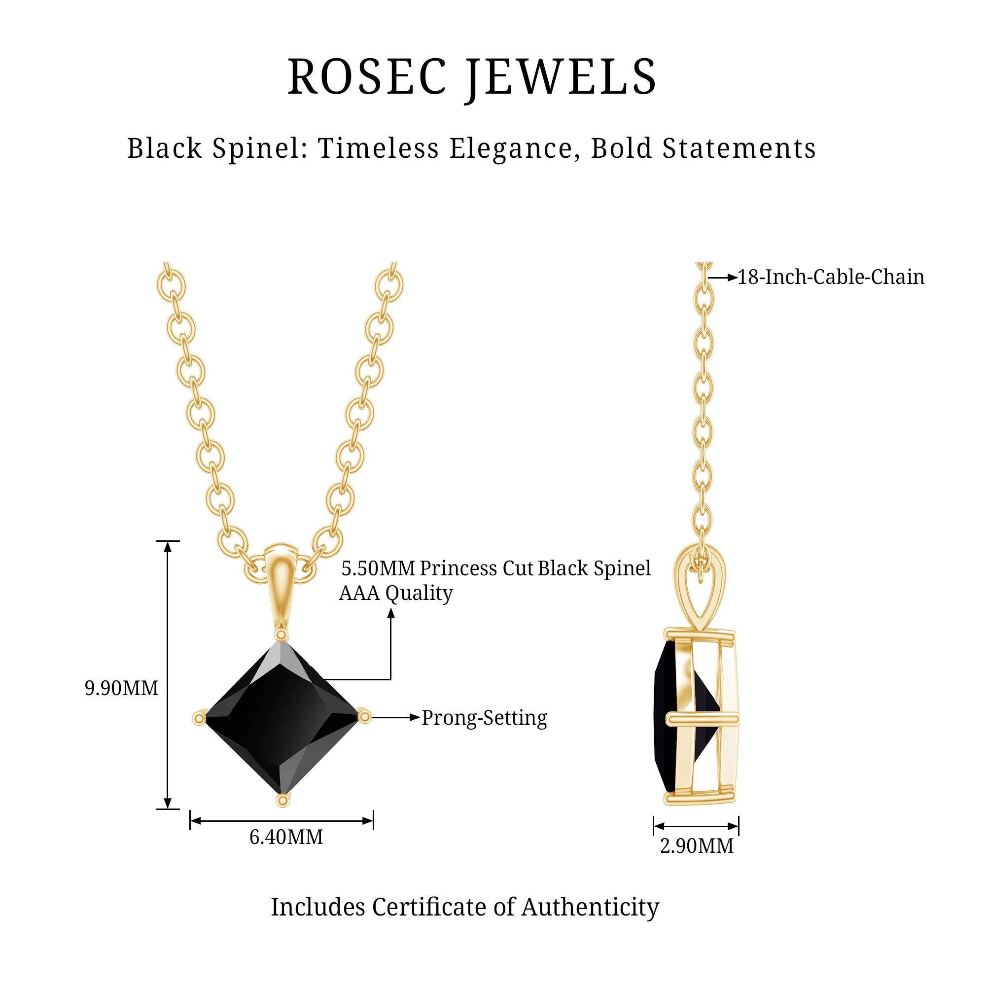 Princess Cut Black Spinel Solitaire Pendant Necklace with Silver Chain