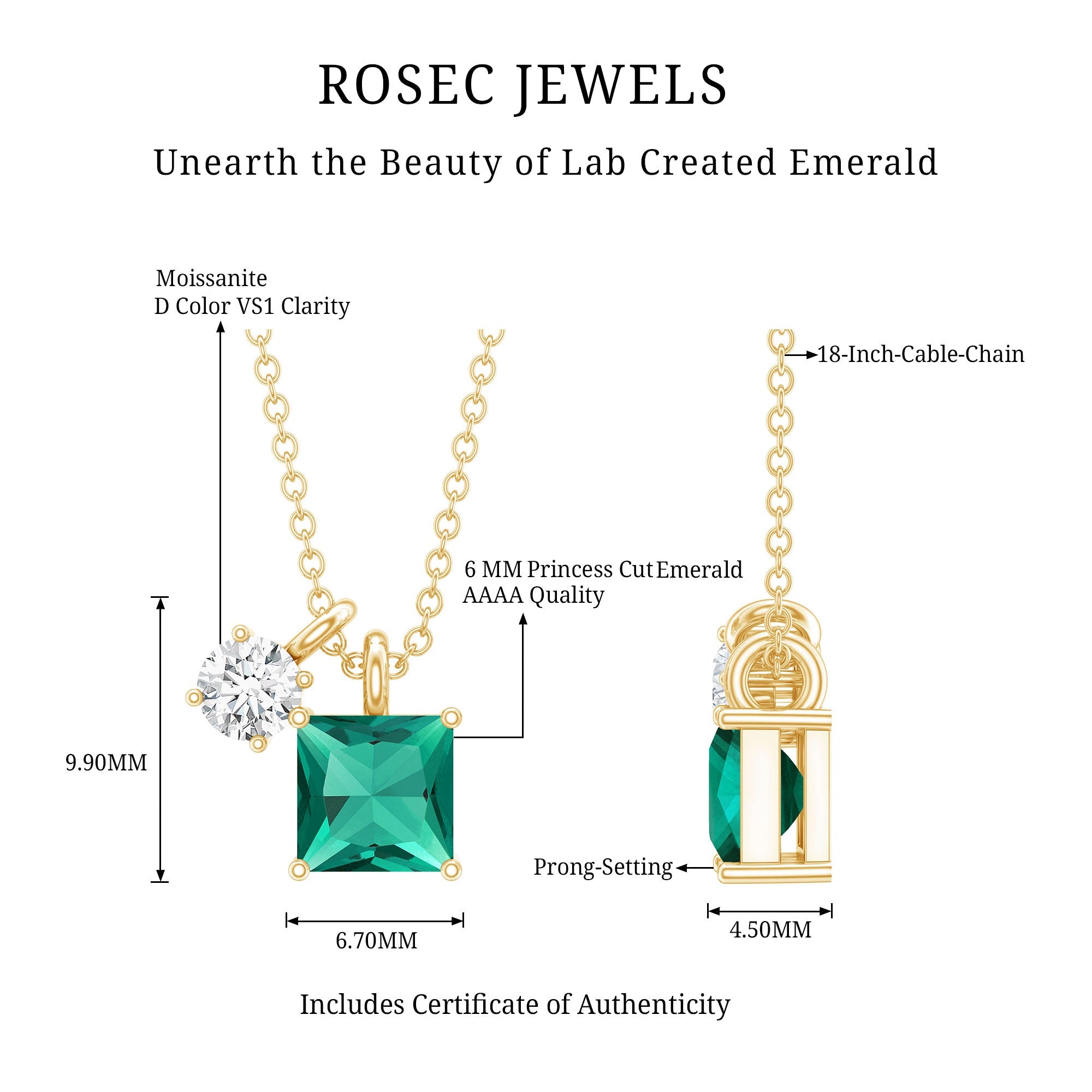 1.2 CT Princess Cut Lab Created Emerald Promise Necklace With Chain