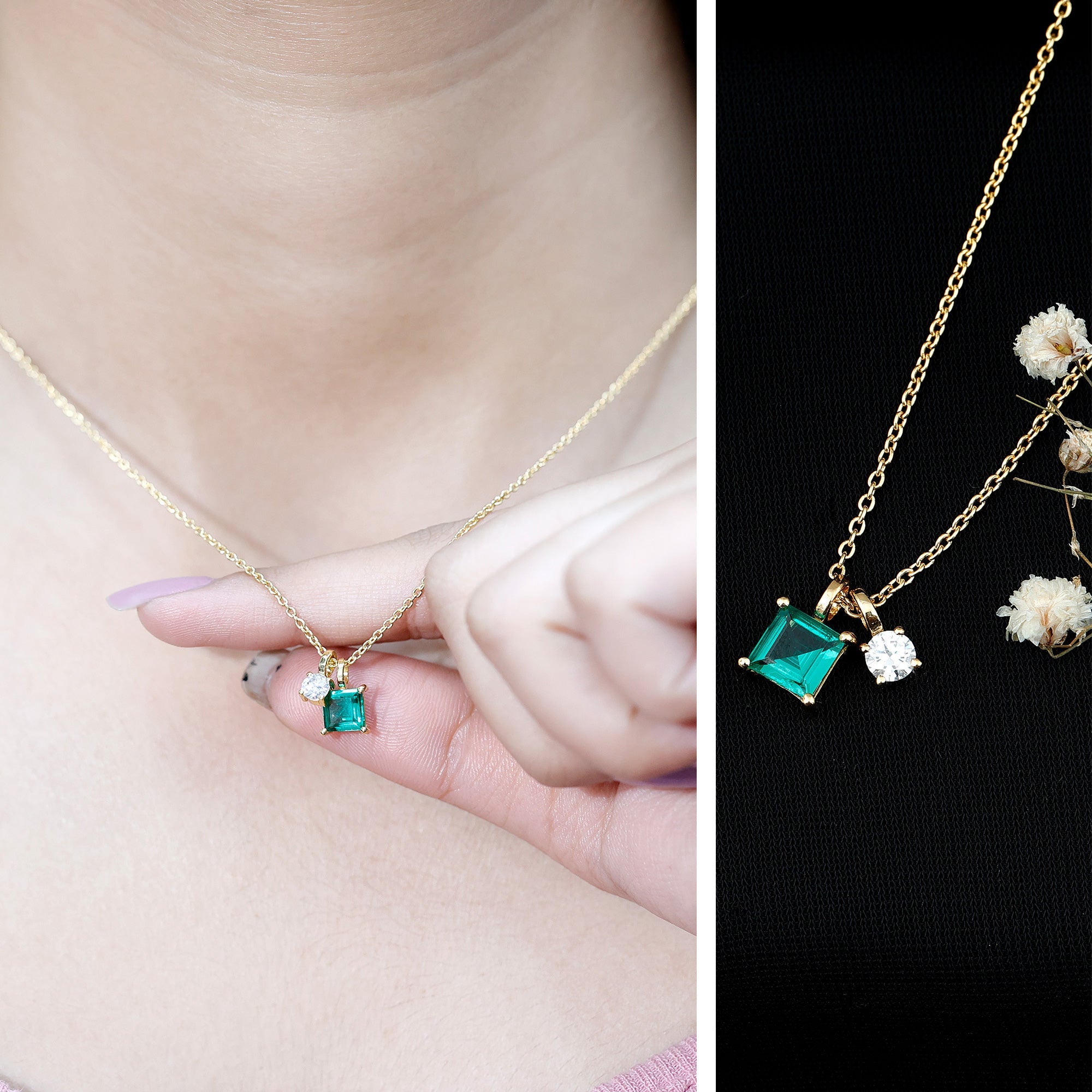 1.2 CT Princess Cut Lab Created Emerald Promise Necklace With Chain