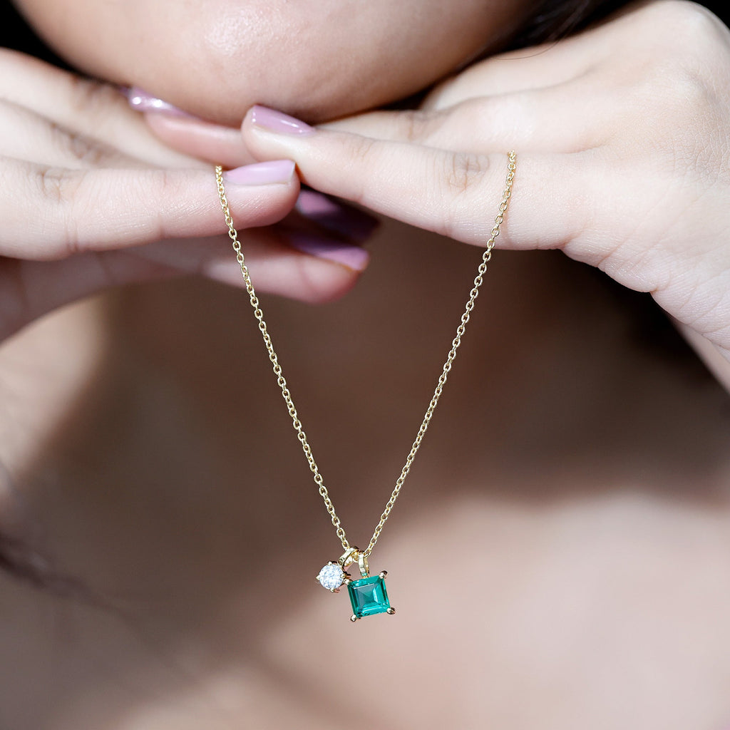 1.2 CT Princess Cut Lab Created Emerald Promise Necklace With Chain