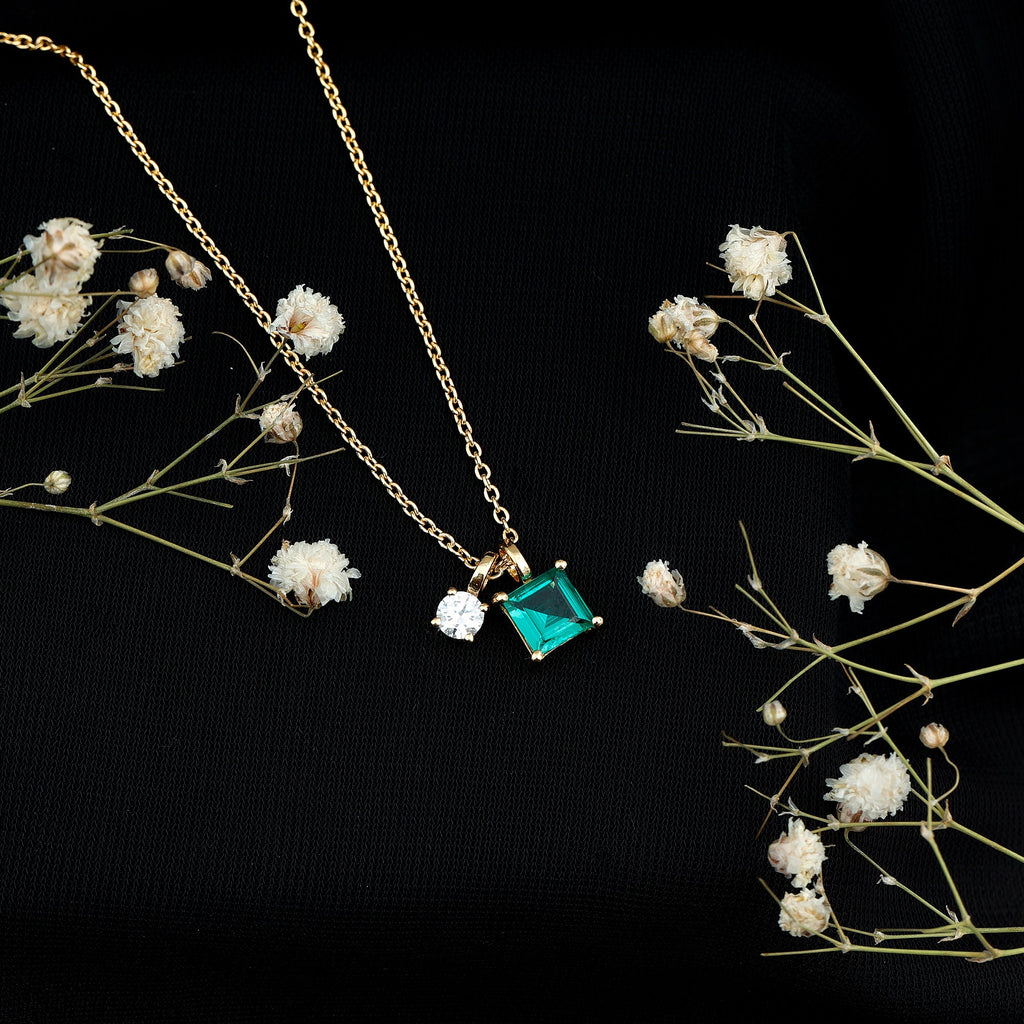 1.2 CT Princess Cut Lab Created Emerald Promise Necklace With Chain