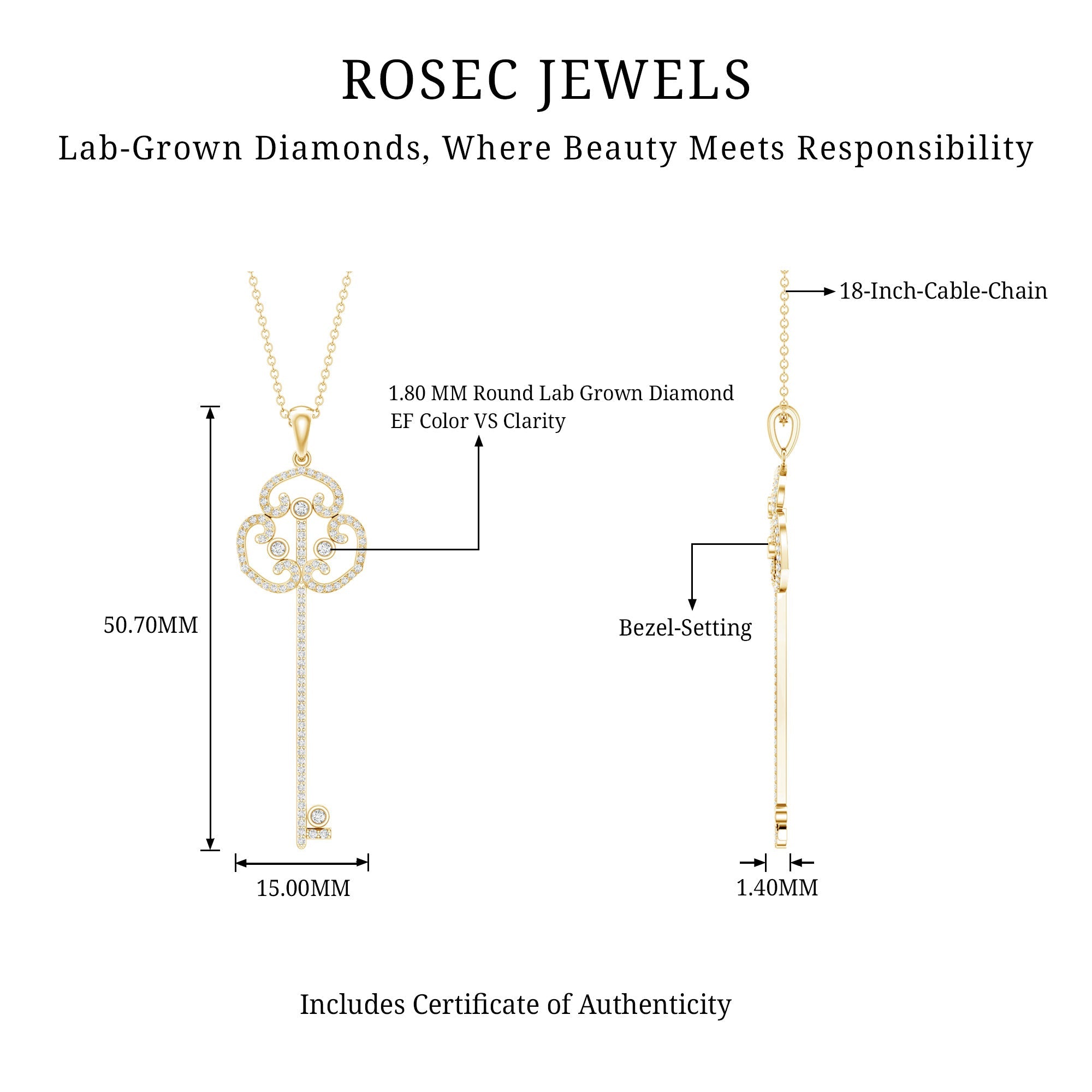 Certified Lab Created Diamond Vintage Style Key Necklace