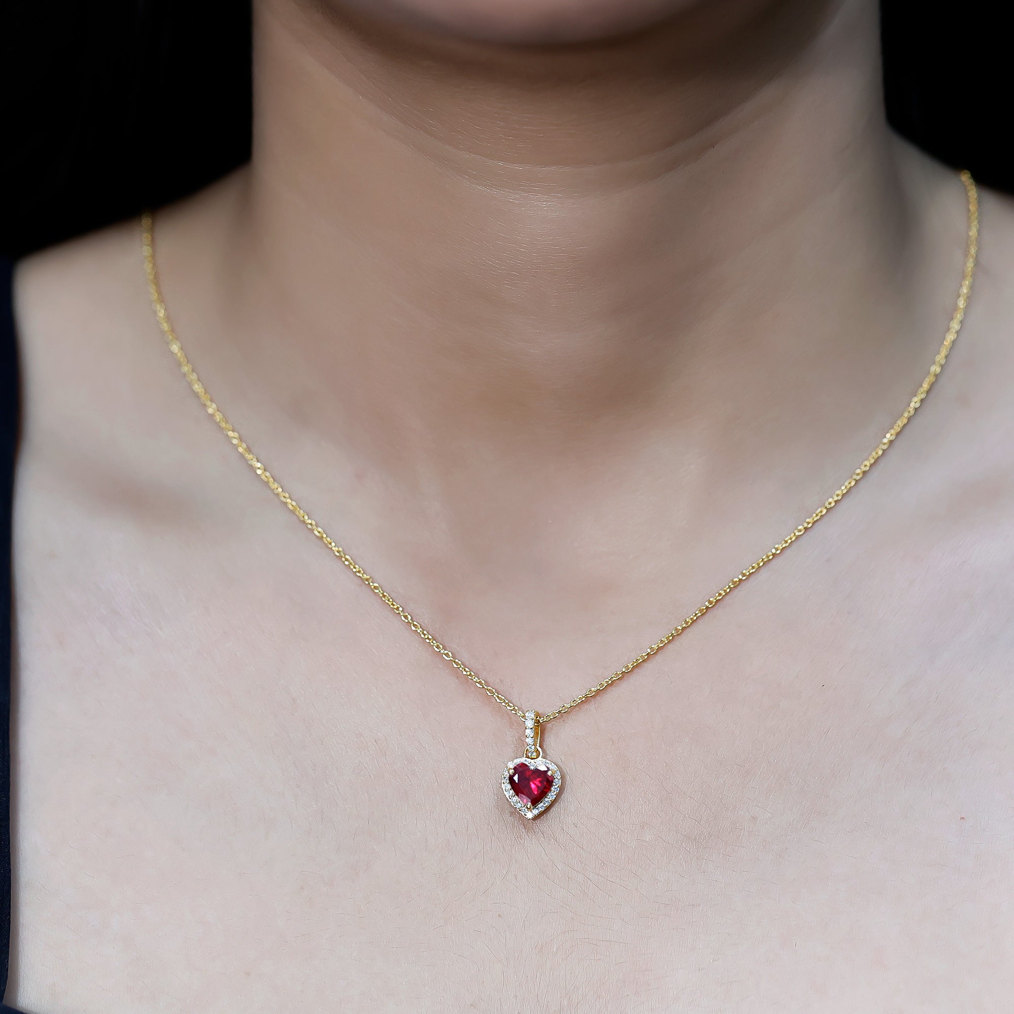 Certified 1.6 Carat Lab Created Ruby Heart Necklace with Diamond Halo