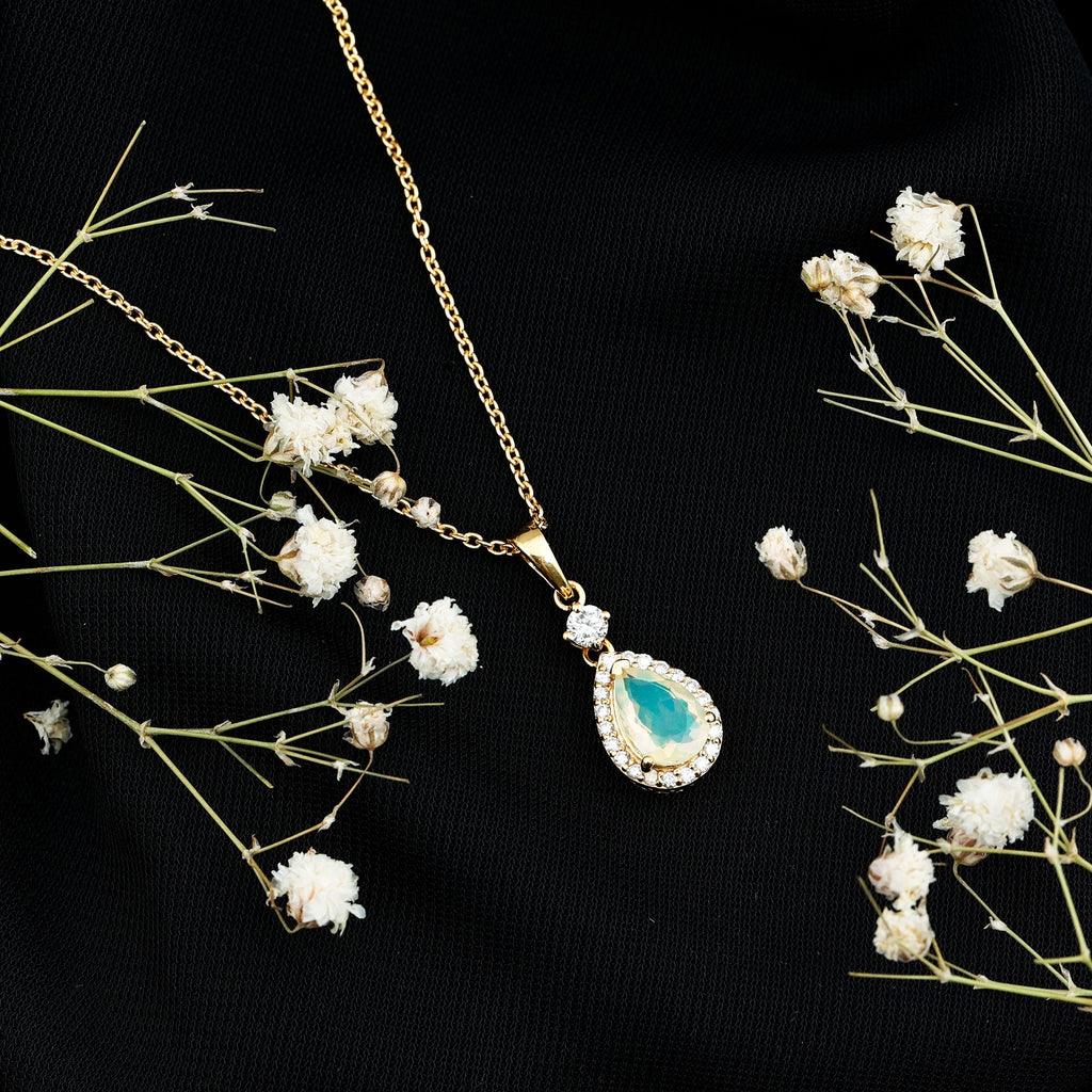 1 Carat Ethiopian Opal Teardrop Necklace with Diamond Halo