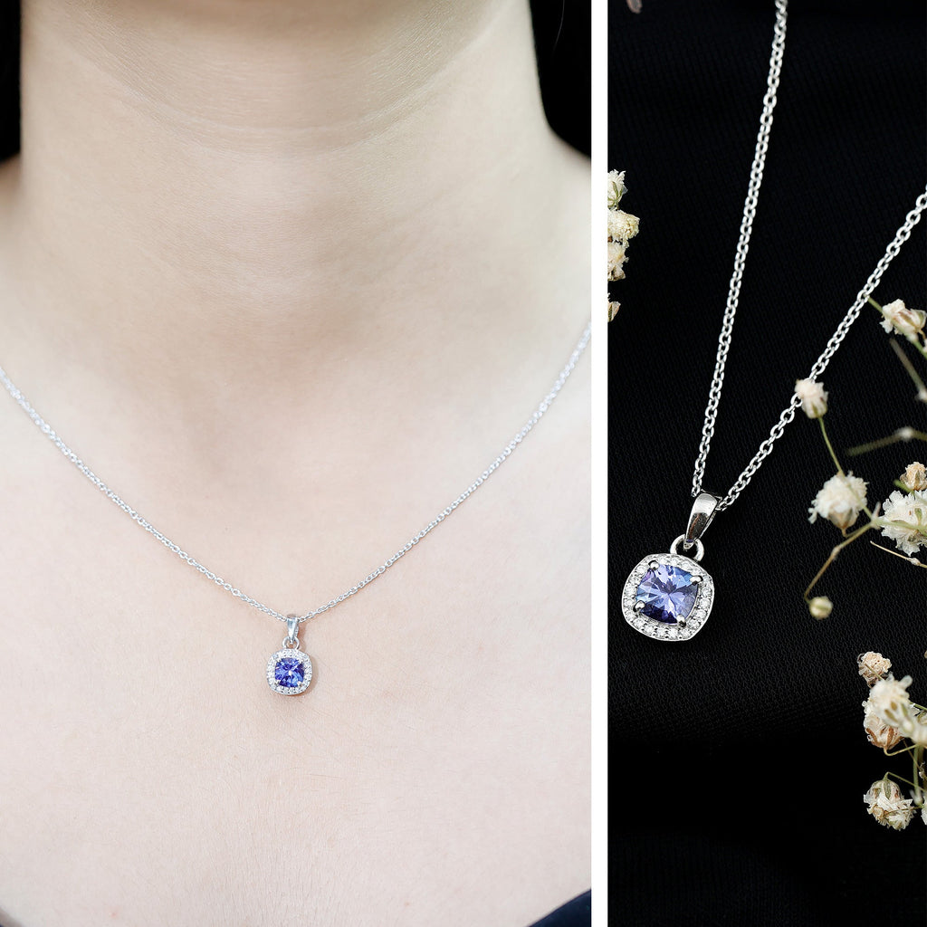 Cushion Cut 1.2 Carat Tanzanite Necklace with Lab Diamond Halo