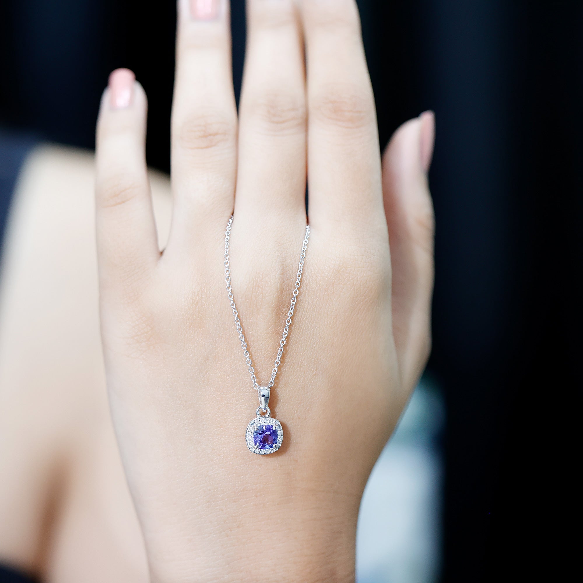 Cushion Cut 1.2 Carat Tanzanite Necklace with Lab Diamond Halo