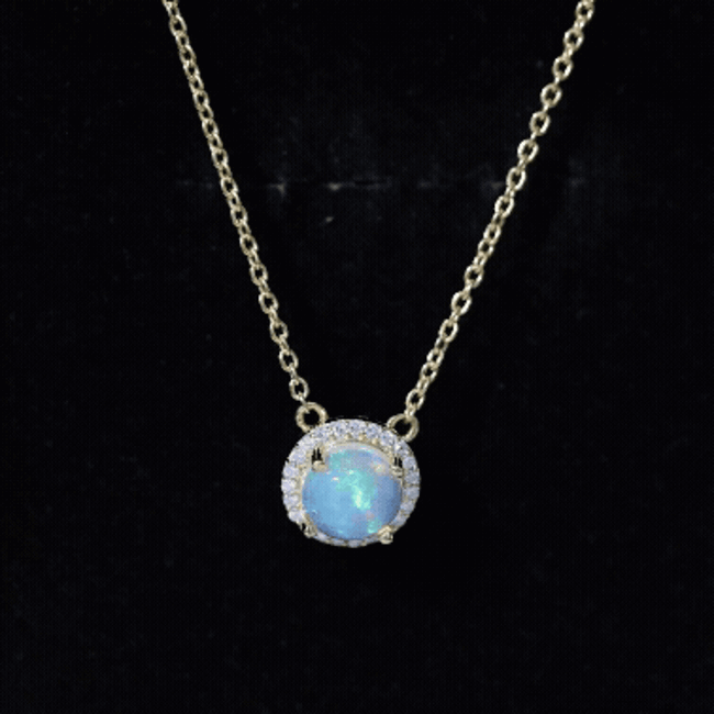 7MM Ethiopian Opal and Diamond Halo Necklace in Silver