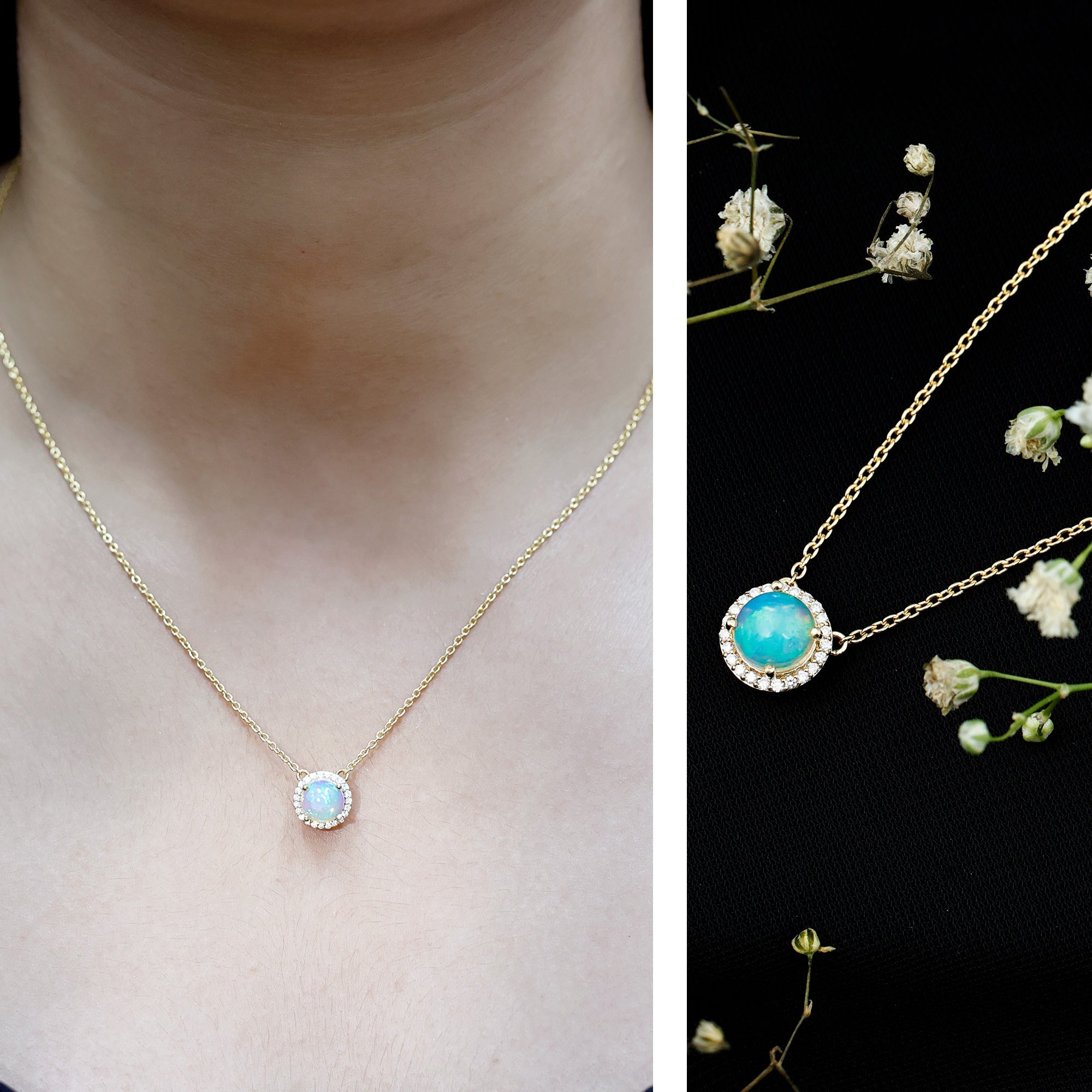 7MM Ethiopian Opal and Diamond Halo Necklace in Silver