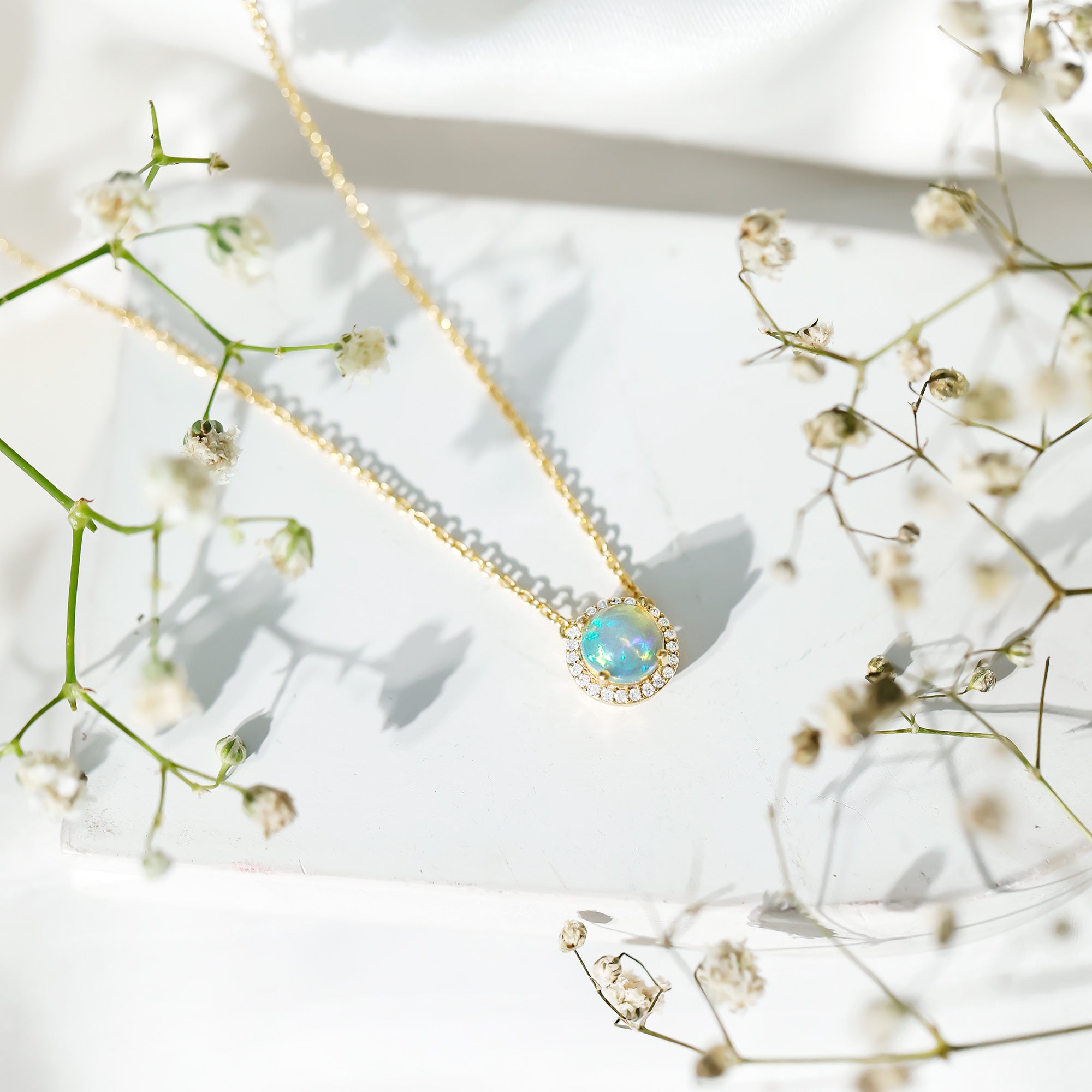 7MM Ethiopian Opal and Diamond Halo Necklace in Silver