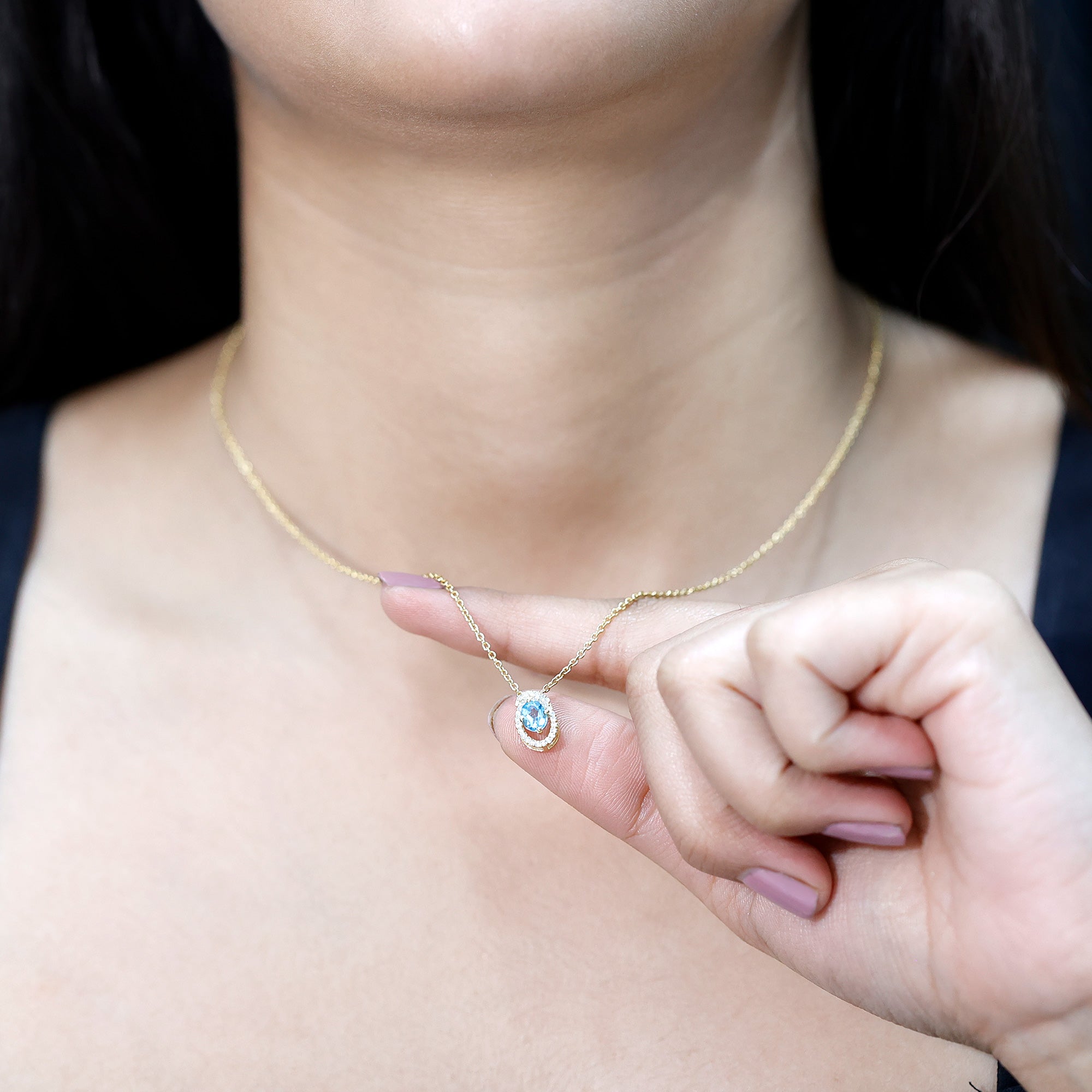 Natural Sky Blue Topaz Diamond Oval Locket with Chain