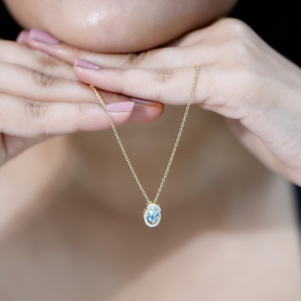 Natural Sky Blue Topaz Diamond Oval Locket with Chain