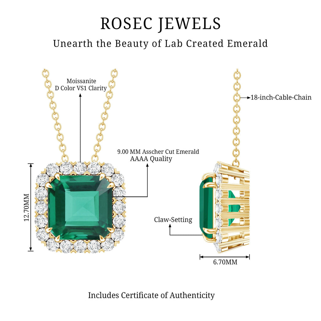 2.5 CT Asscher Cut Lab Grown Emerald Halo Necklace with Moissanite
