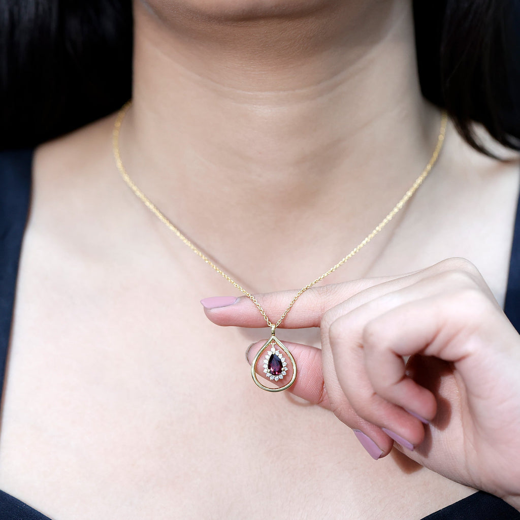 Rhodolite Garnet and Diamond Teardrop Necklace with Silver Chain