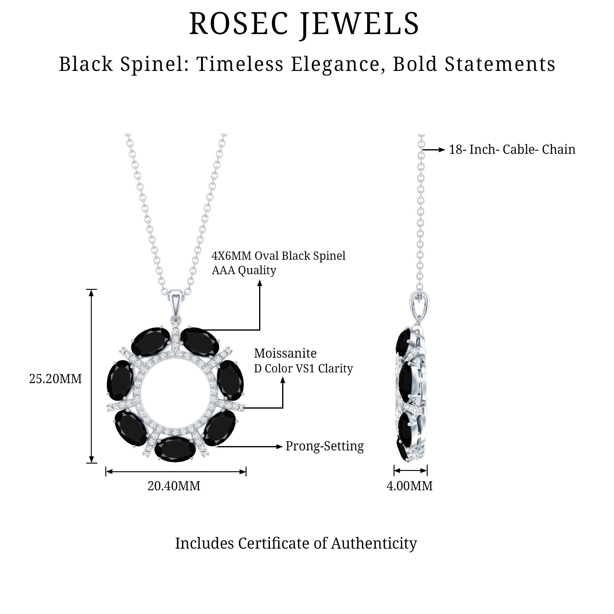3 CT Oval Cut Black Spinel Eternity Necklace with Silver Chain