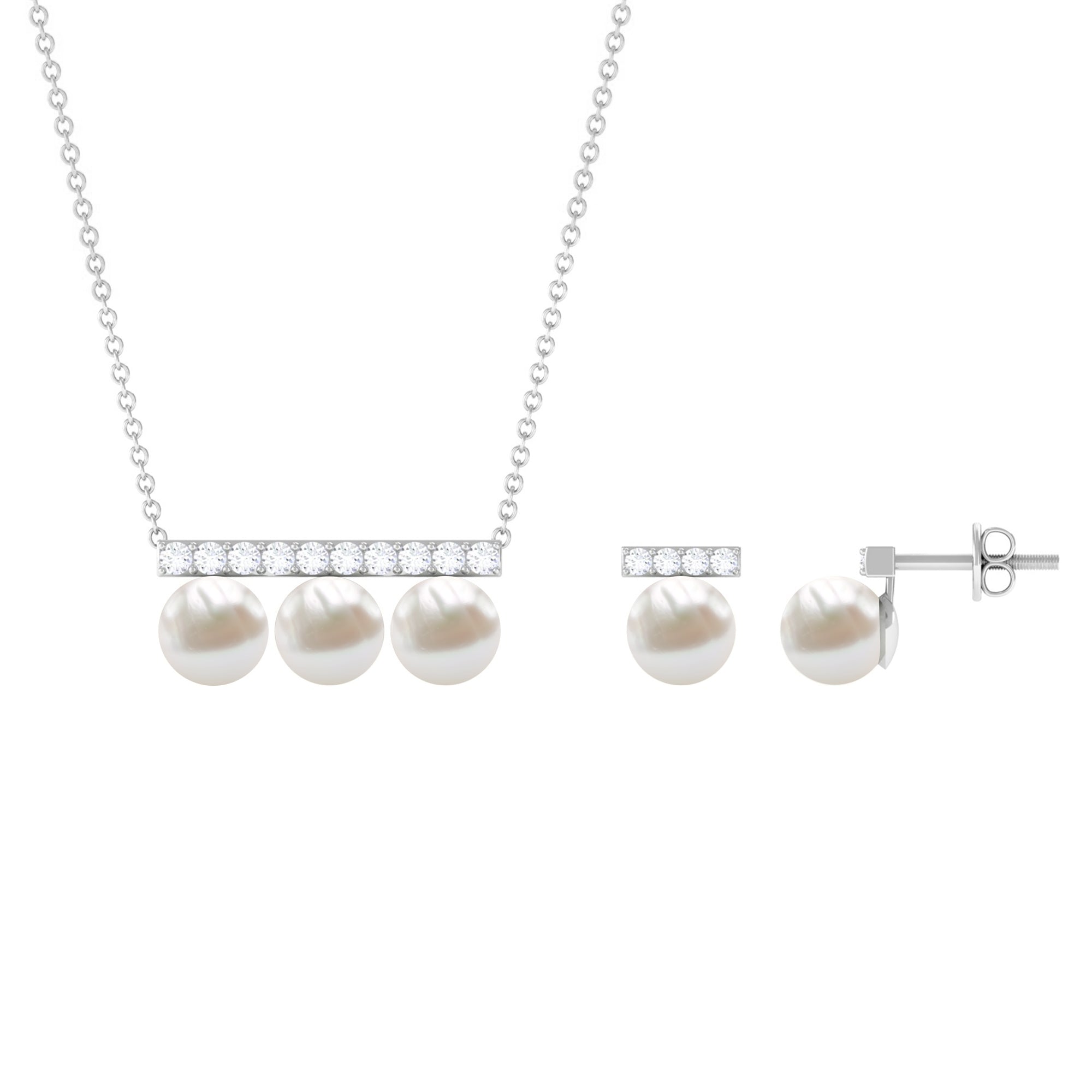 11.75 CT Freshwater Pearl Classic Three Stone Bar jewelry Set with Diamond