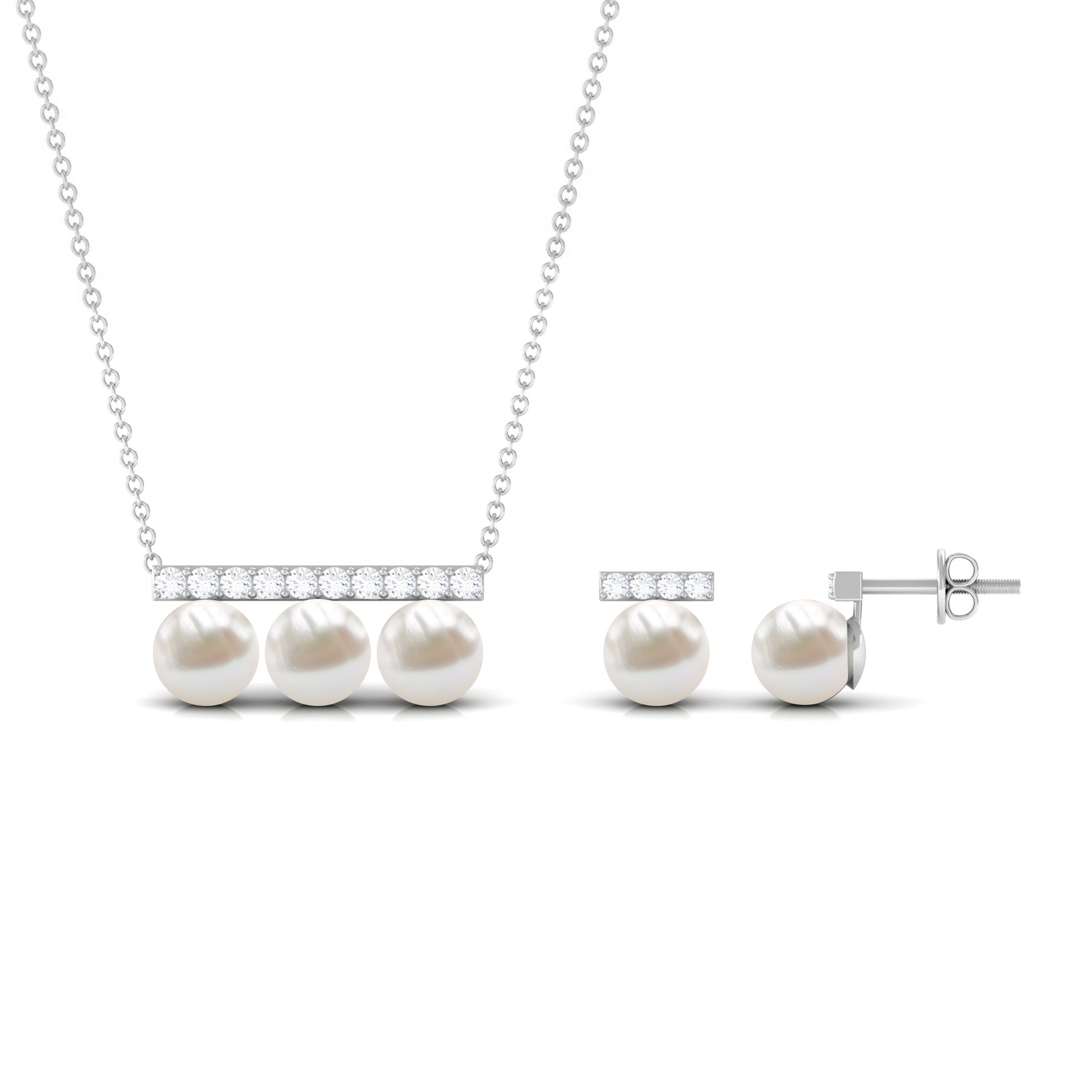 11.75 CT Freshwater Pearl Classic Three Stone Bar jewelry Set with Diamond