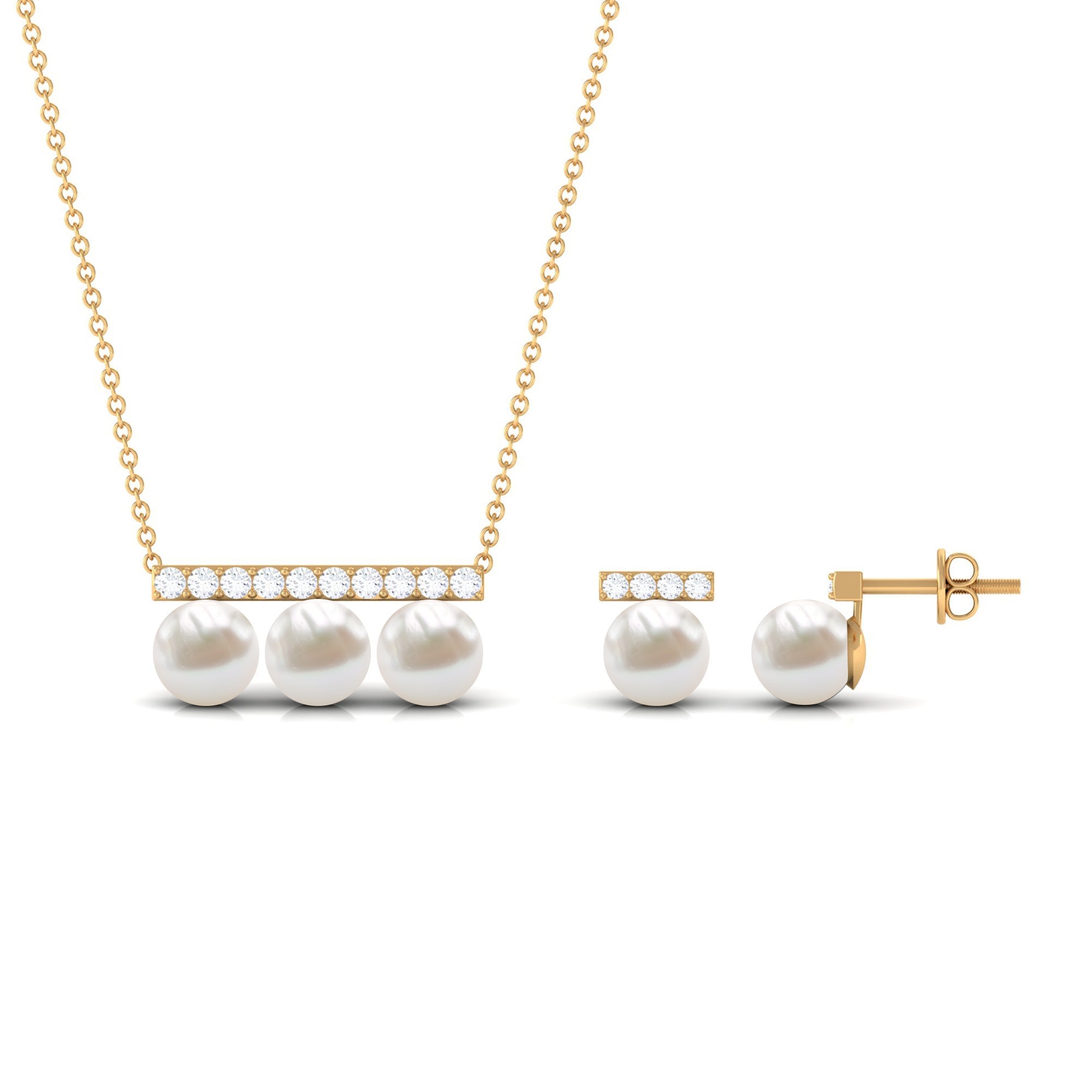 11.75 CT Freshwater Pearl Classic Three Stone Bar jewelry Set with Diamond