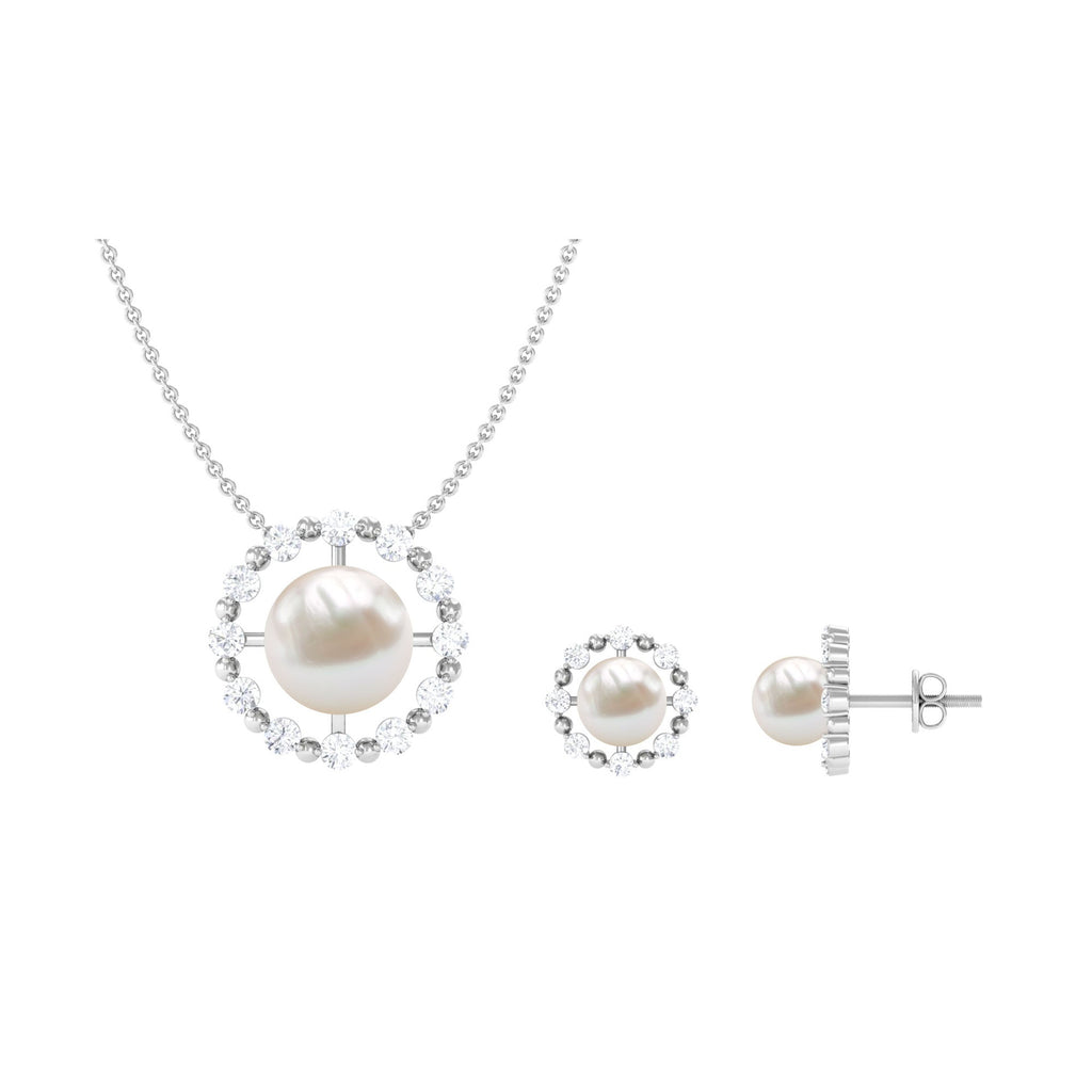 14 Carat Freshwater Pearl Halo Necklace and Earrings Set with Certificate