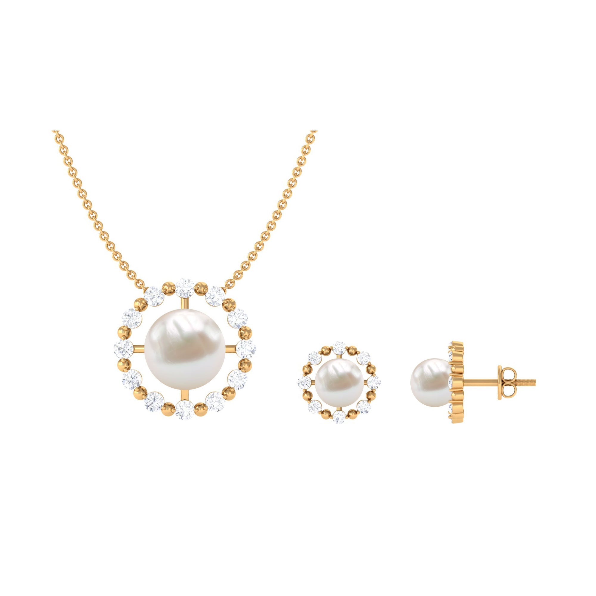 14 Carat Freshwater Pearl Halo Necklace and Earrings Set with Certificate