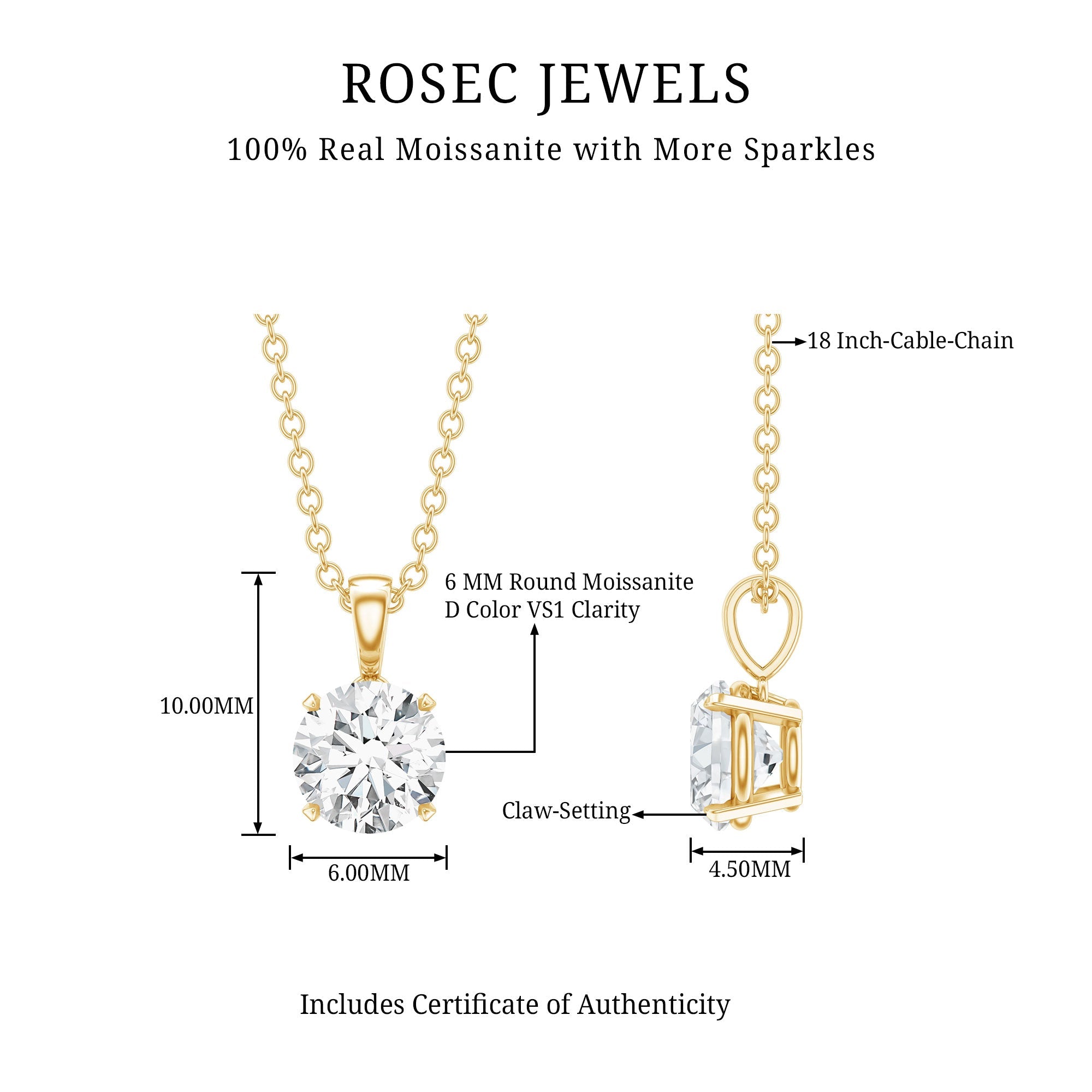 1 CT Certified Moissanite Solitaire Pendant in Claw Set