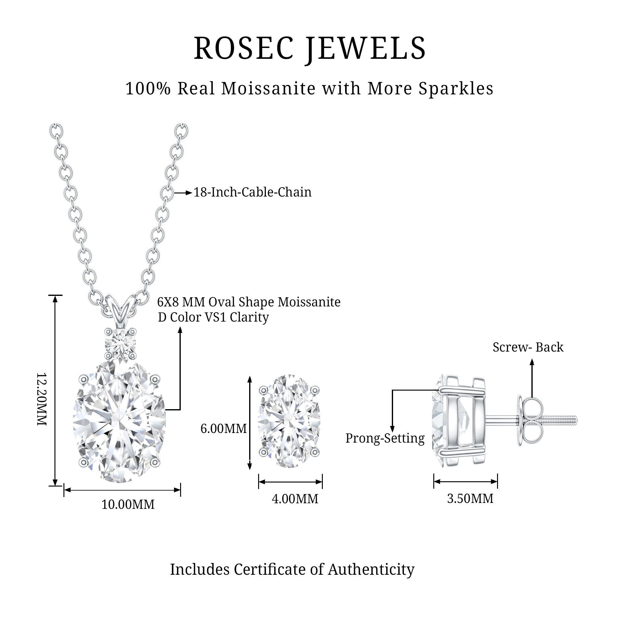 Certified 2 Carat Moissanite Oval Necklace and Earrings Set