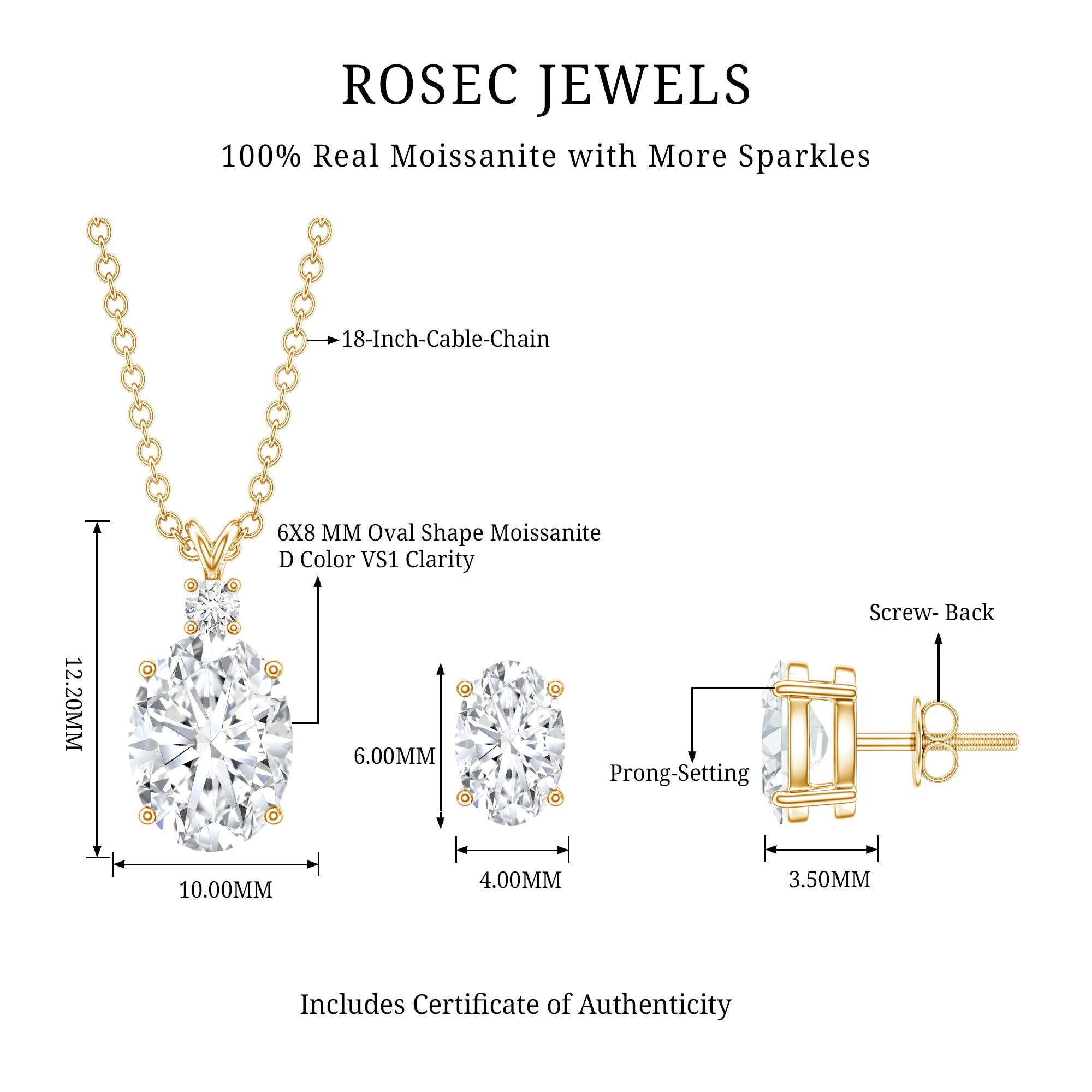 Certified 2 Carat Moissanite Oval Necklace and Earrings Set