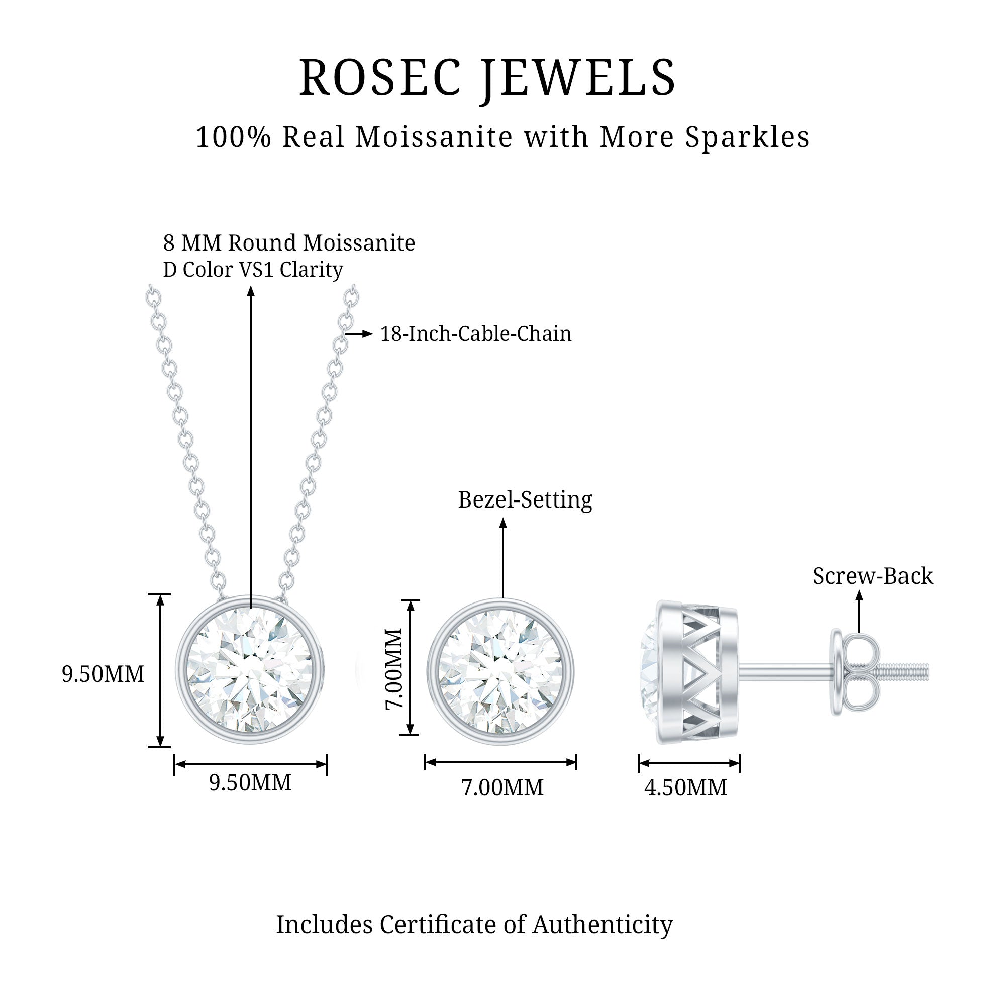 4 CT Simple Moissanite Solitaire Jewelry Set in Bezel Setting