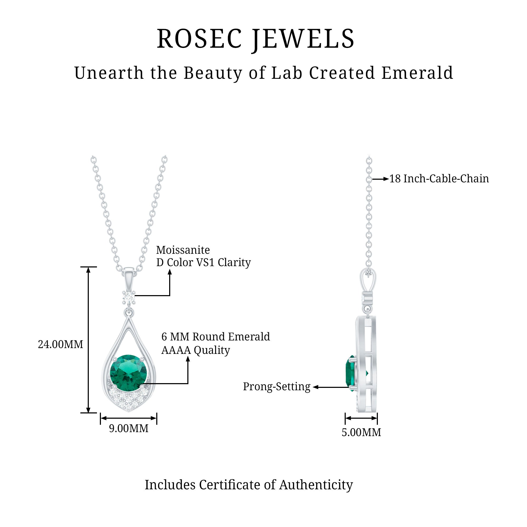 Lab Grown Emerald Moissanite Teardrop Necklace with Silver Chain