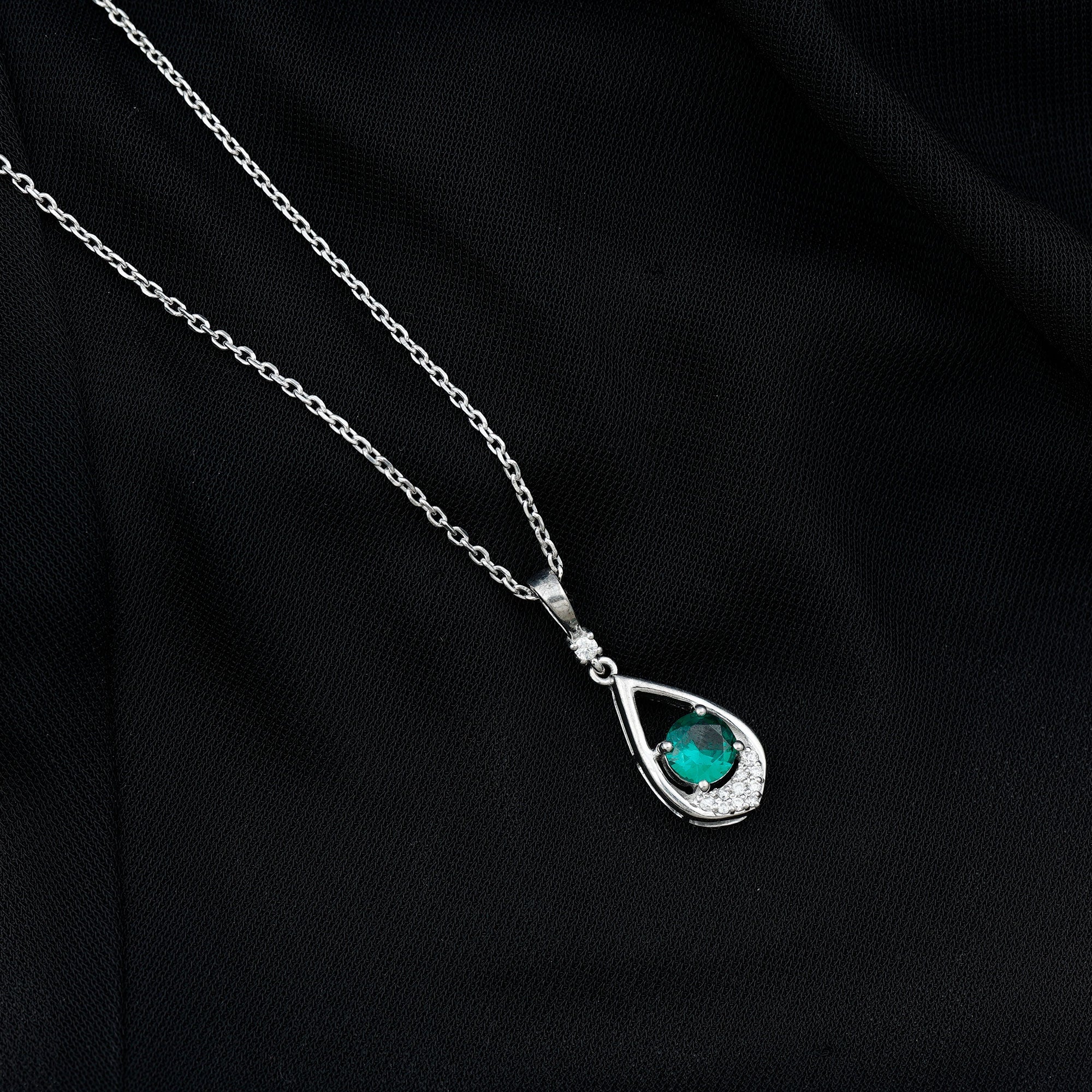Lab Grown Emerald Moissanite Teardrop Necklace with Silver Chain