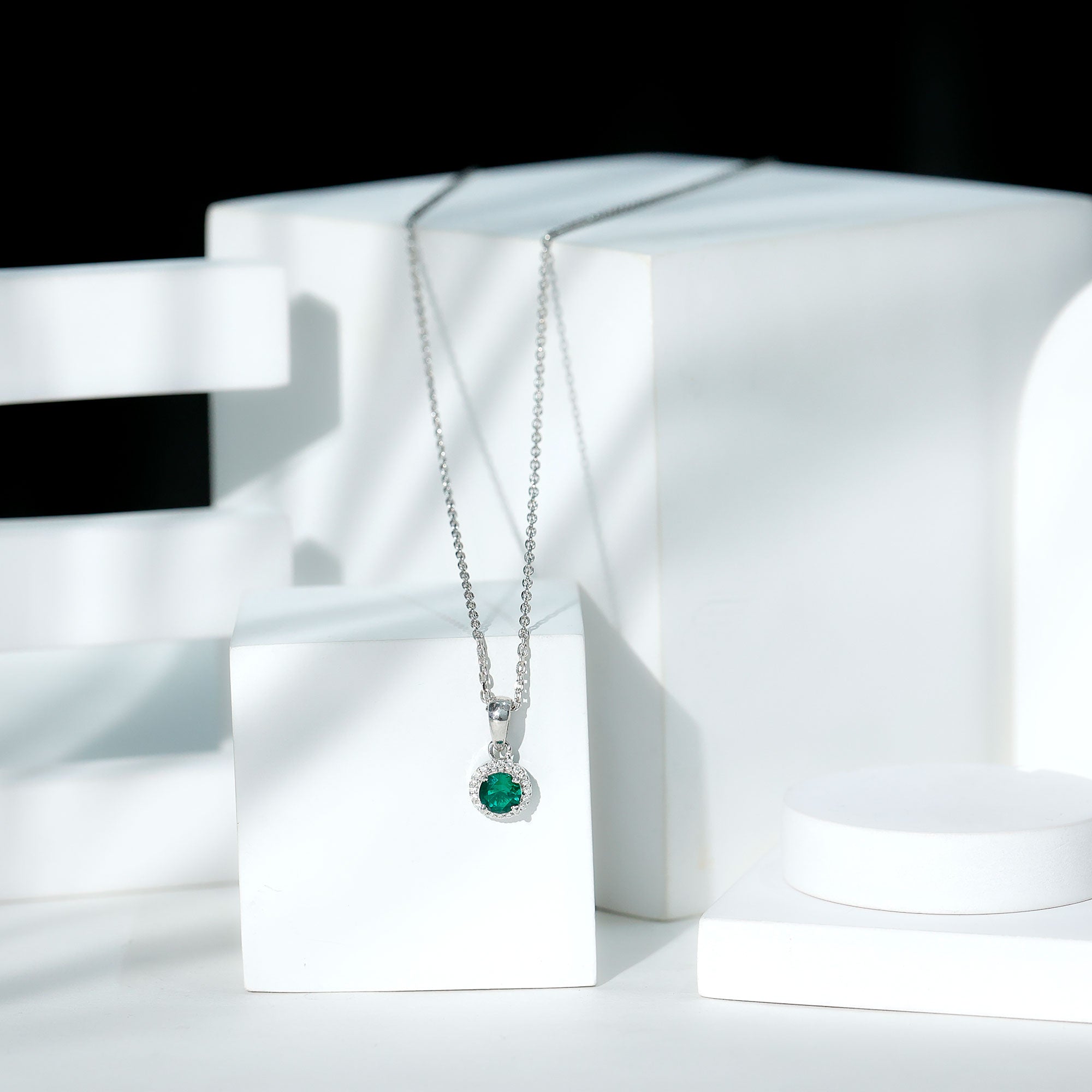 0.8 Carat Lab Created Emerald and Moissanite Halo Necklace with Chain