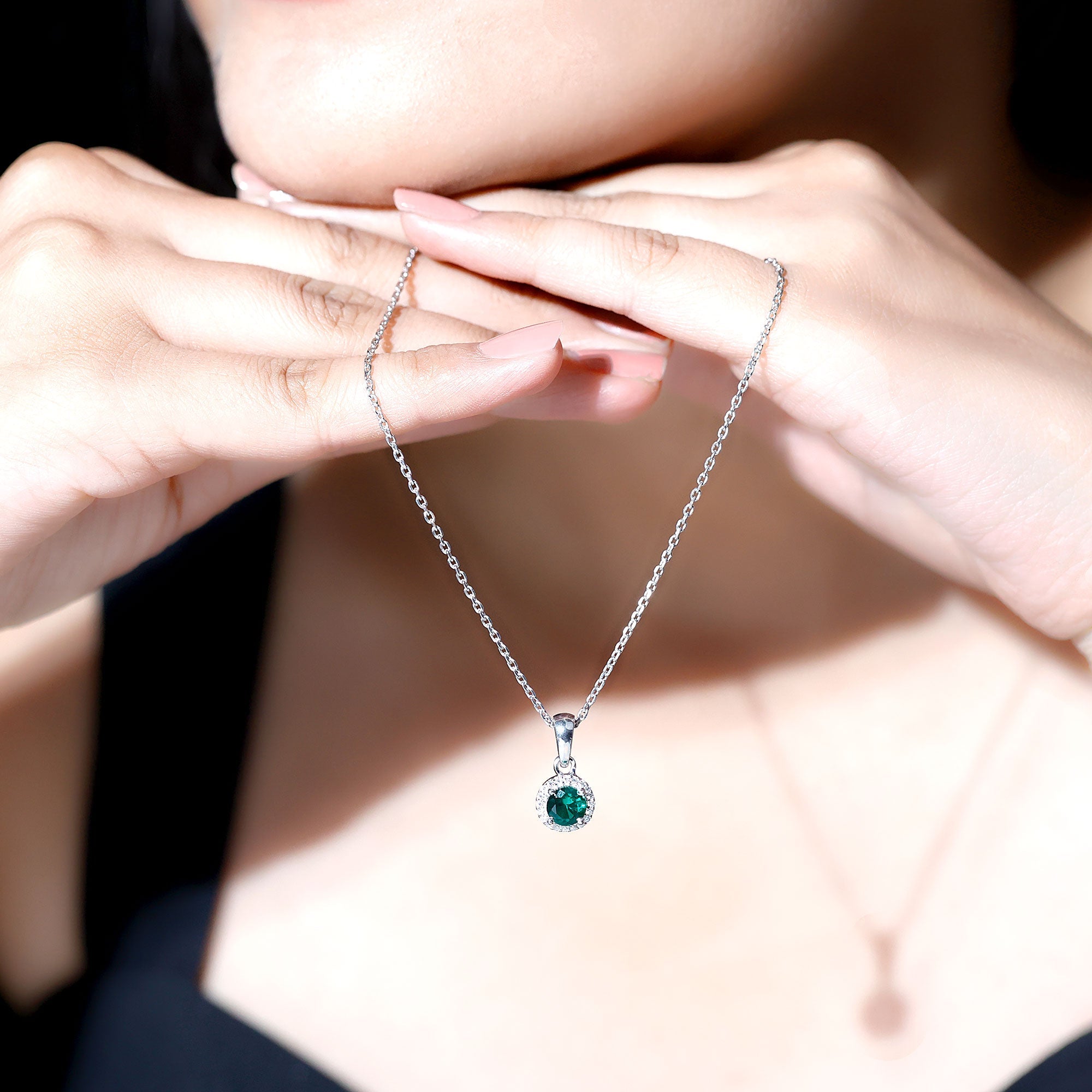 0.8 Carat Lab Created Emerald and Moissanite Halo Necklace with Chain