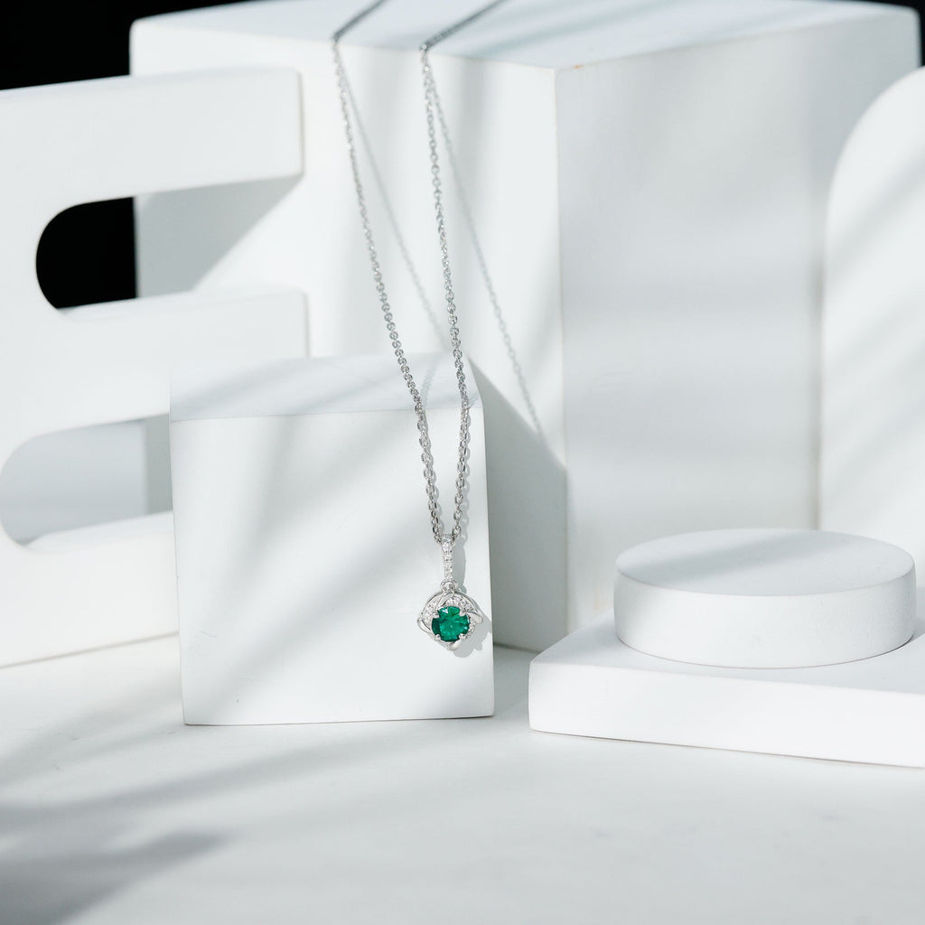 Lab Created Emerald and Moissanite Halo Necklace with Silver Chain