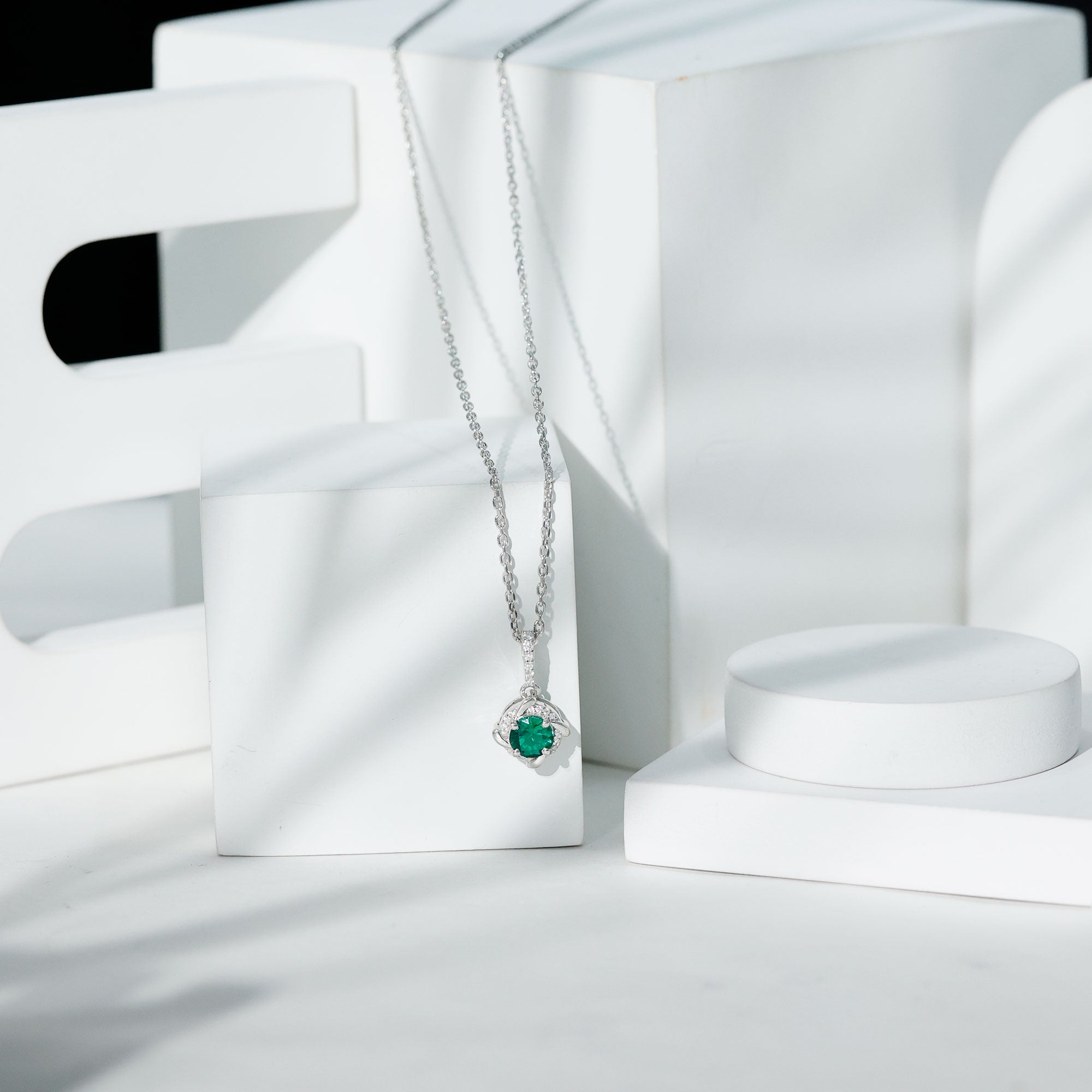 Lab Created Emerald and Moissanite Halo Necklace with Silver Chain