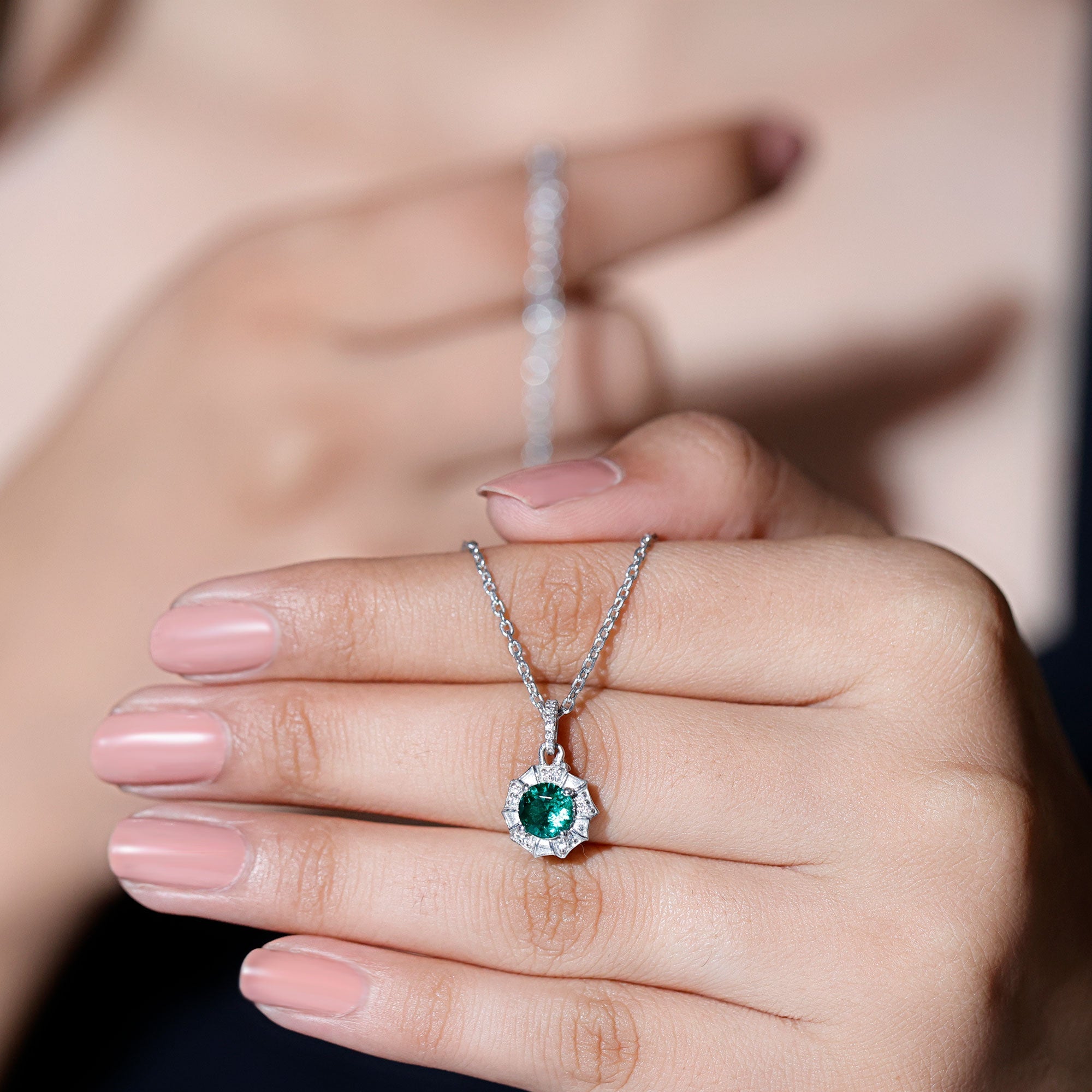 Lab Grown Emerald Moissanite Vintage Inspired Necklace with Chain