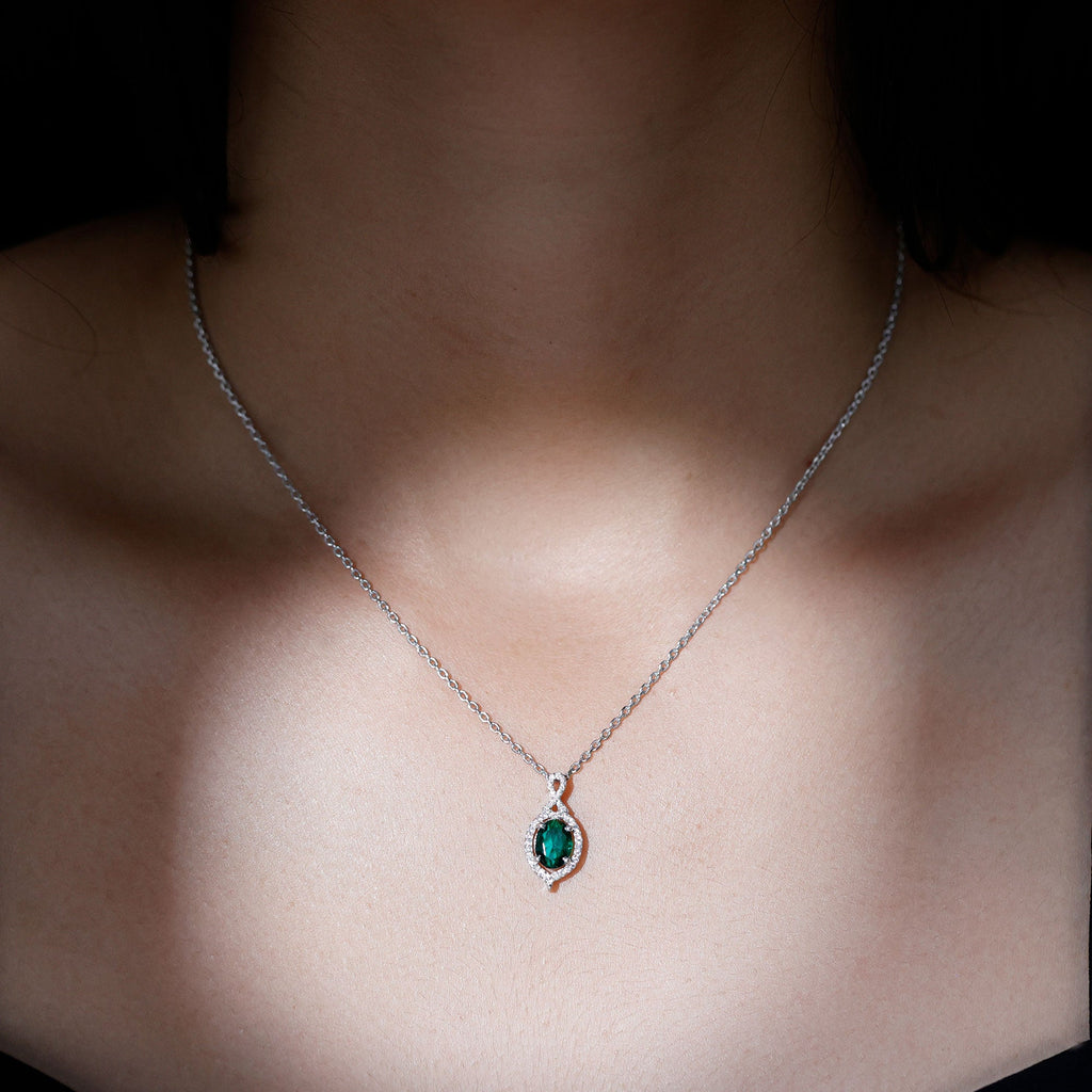 1.2 Carat Oval Cut Lab Grown Emerald Vintage Necklace in Silver