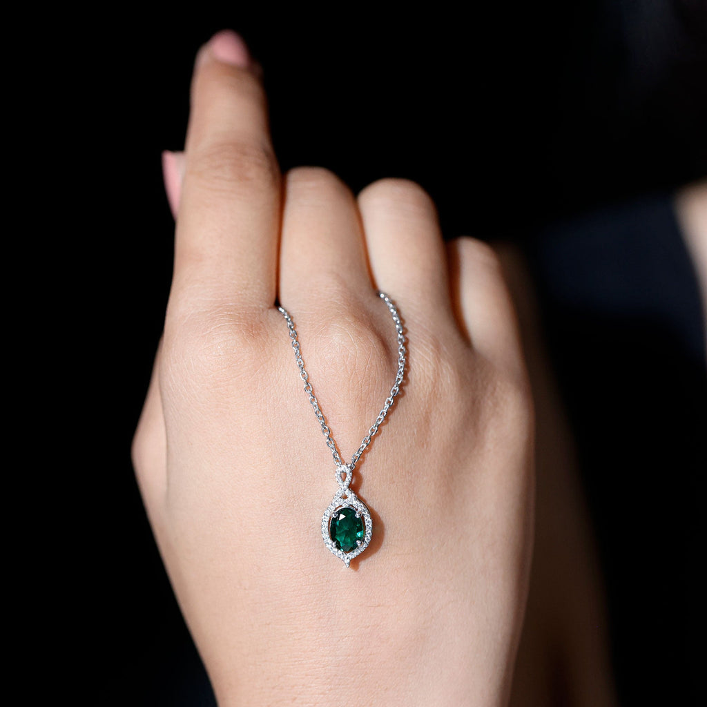 1.2 Carat Oval Cut Lab Grown Emerald Vintage Necklace in Silver
