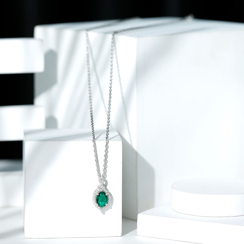 1.2 Carat Oval Cut Lab Grown Emerald Vintage Necklace in Silver